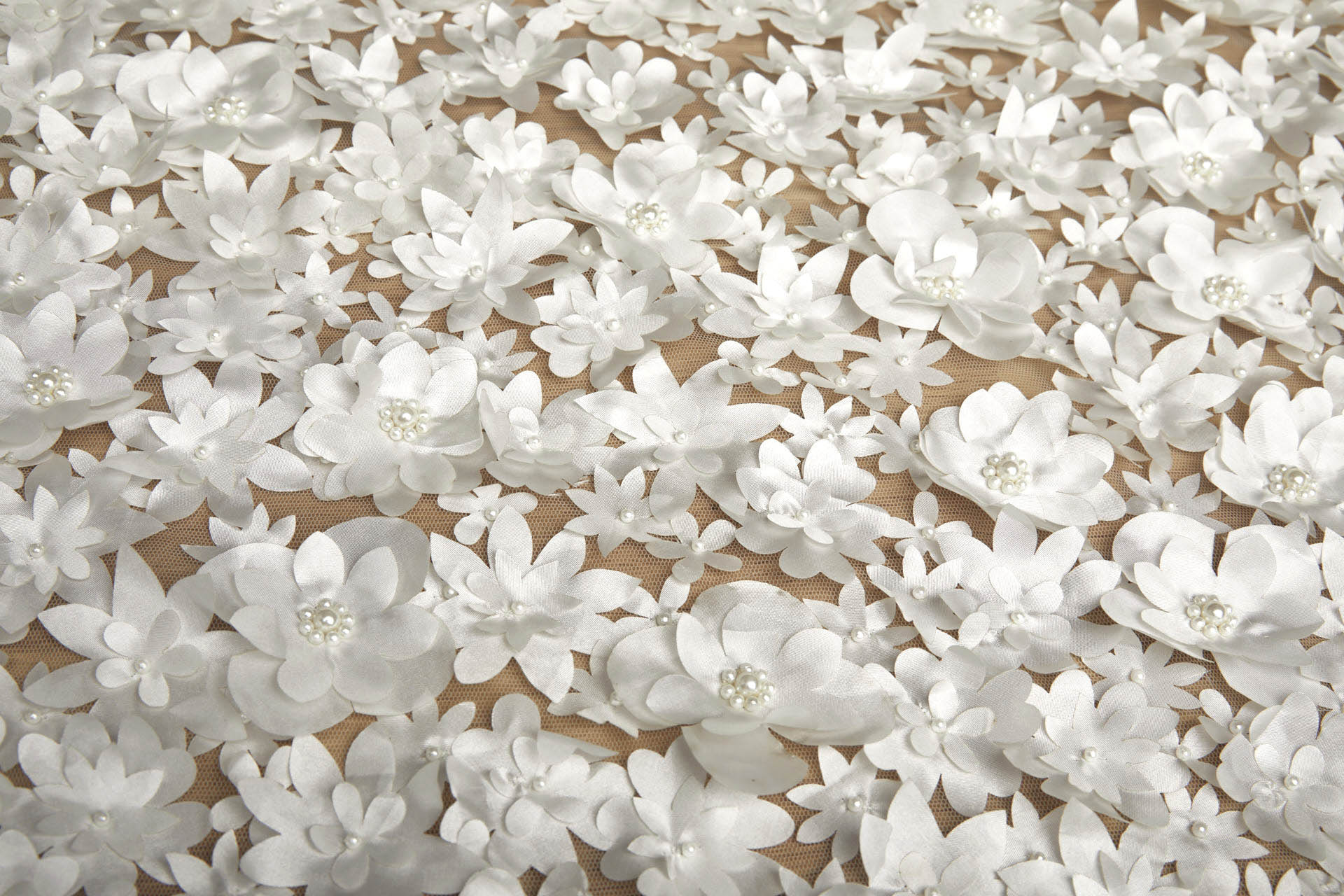 3D Cut Out Flowers with Pearls on Tulle - Ivory fabric, image 3 of 6