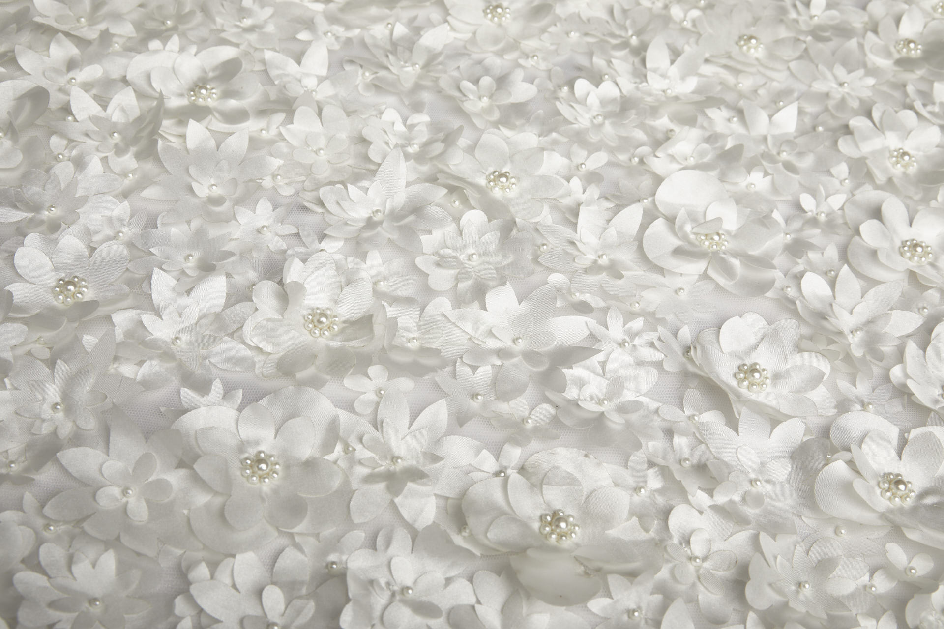 3D Cut Out Flowers with Pearls on Tulle - Ivory fabric, image 4 of 6
