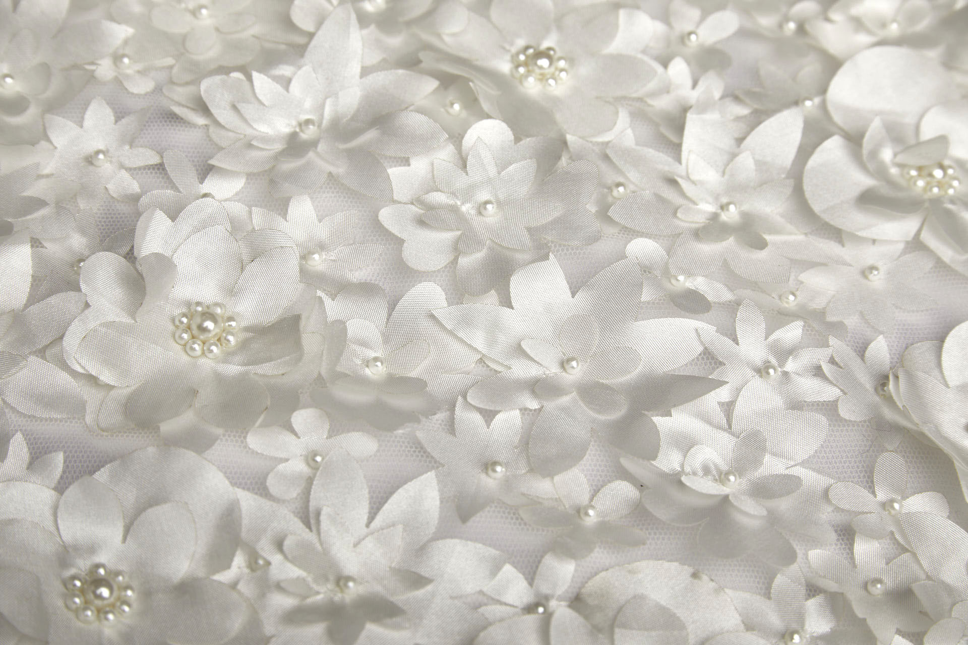3D Cut Out Flowers with Pearls on Tulle - Ivory fabric, image 6 of 6