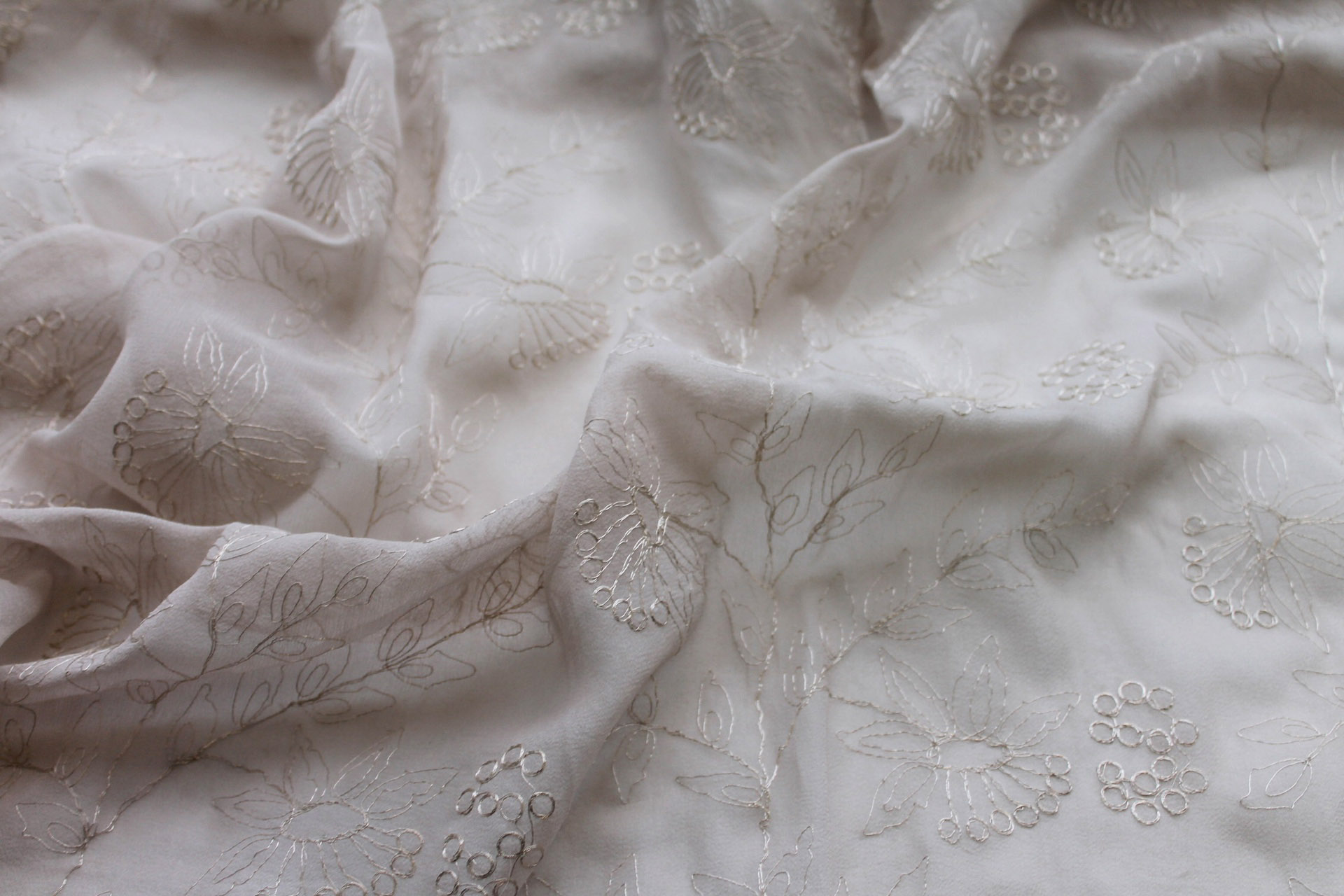 Metallic Floral Embroidery on Oyster Silk Chiffon fabric, image 3 of 6