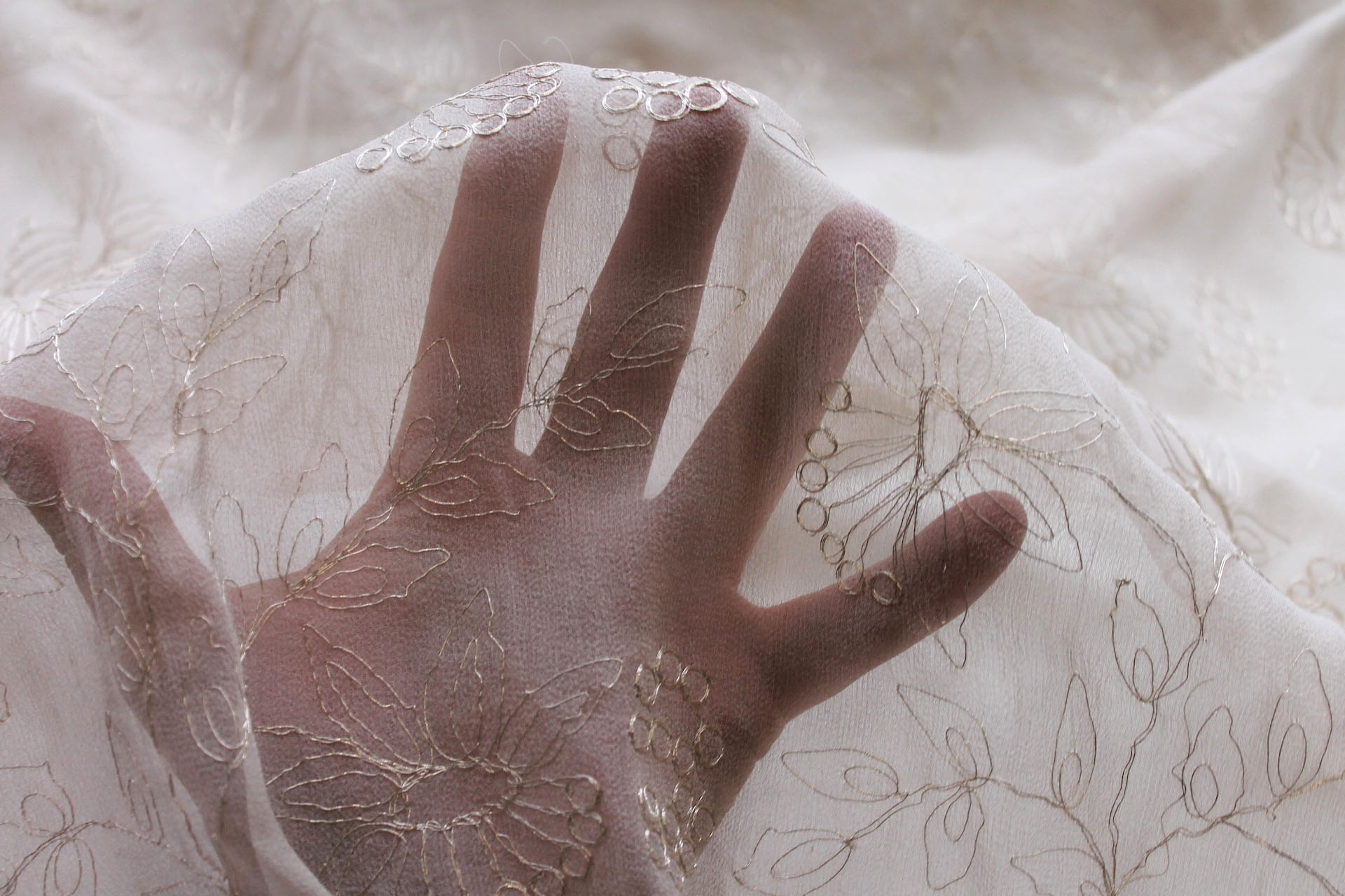 Metallic Floral Embroidery on Oyster Silk Chiffon fabric, image 4 of 6