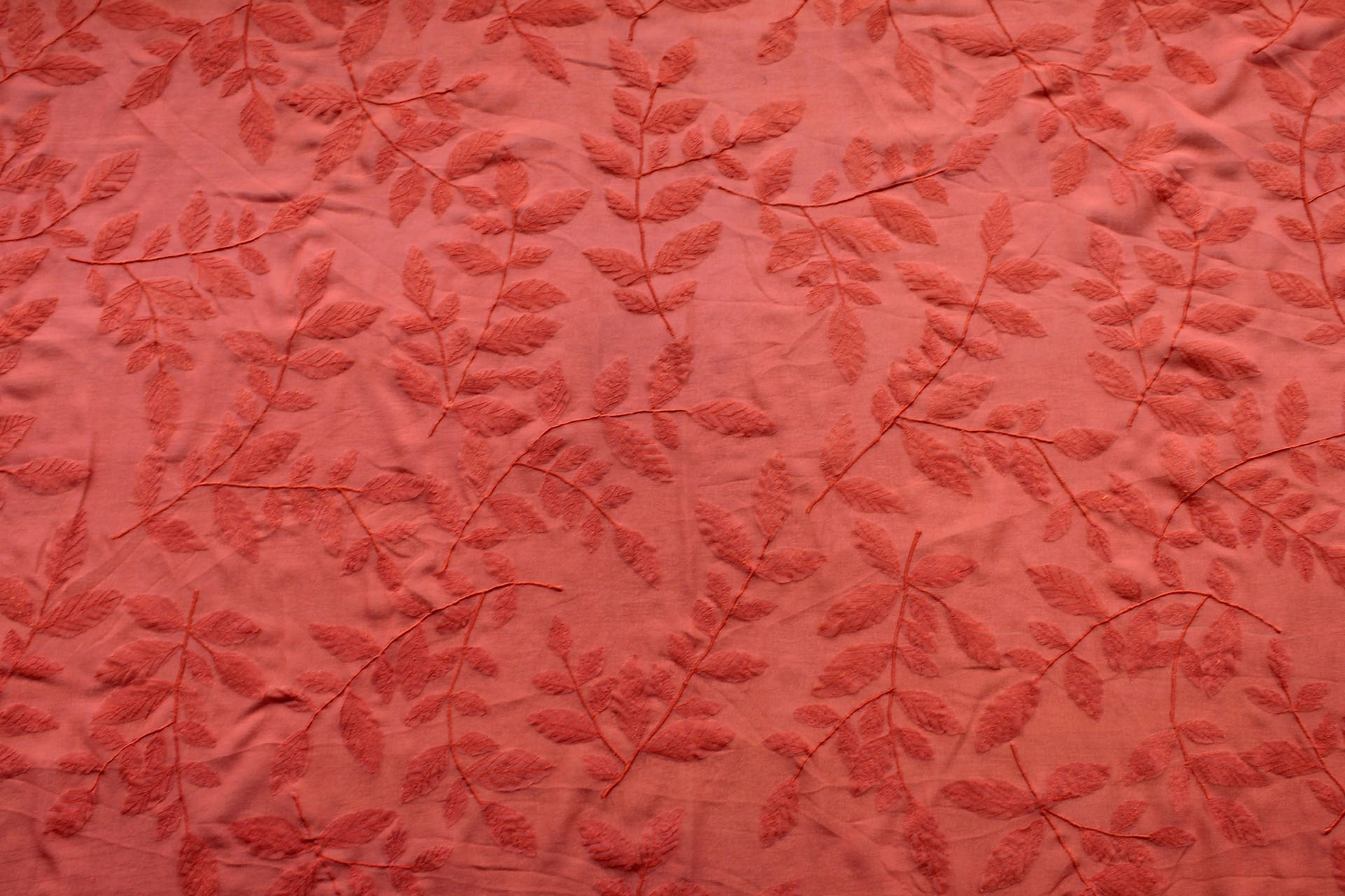 Embroidered Applique Leaf on Orange Silk Georgette fabric, image 2 of 6