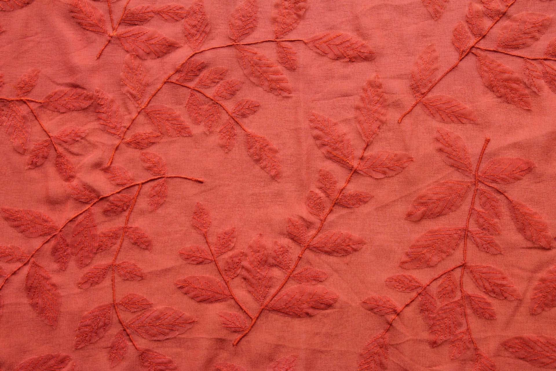 Embroidered Applique Leaf on Orange Silk Georgette fabric, image 3 of 6