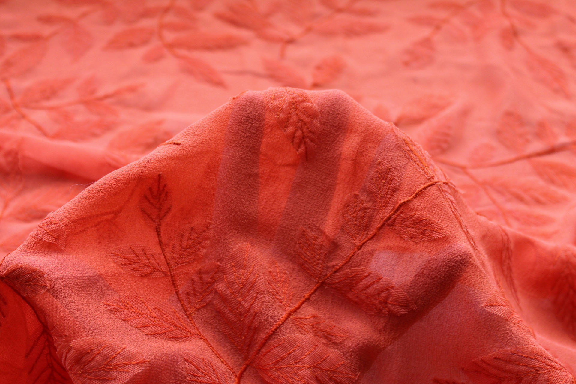 Embroidered Applique Leaf on Orange Silk Georgette fabric, image 4 of 6