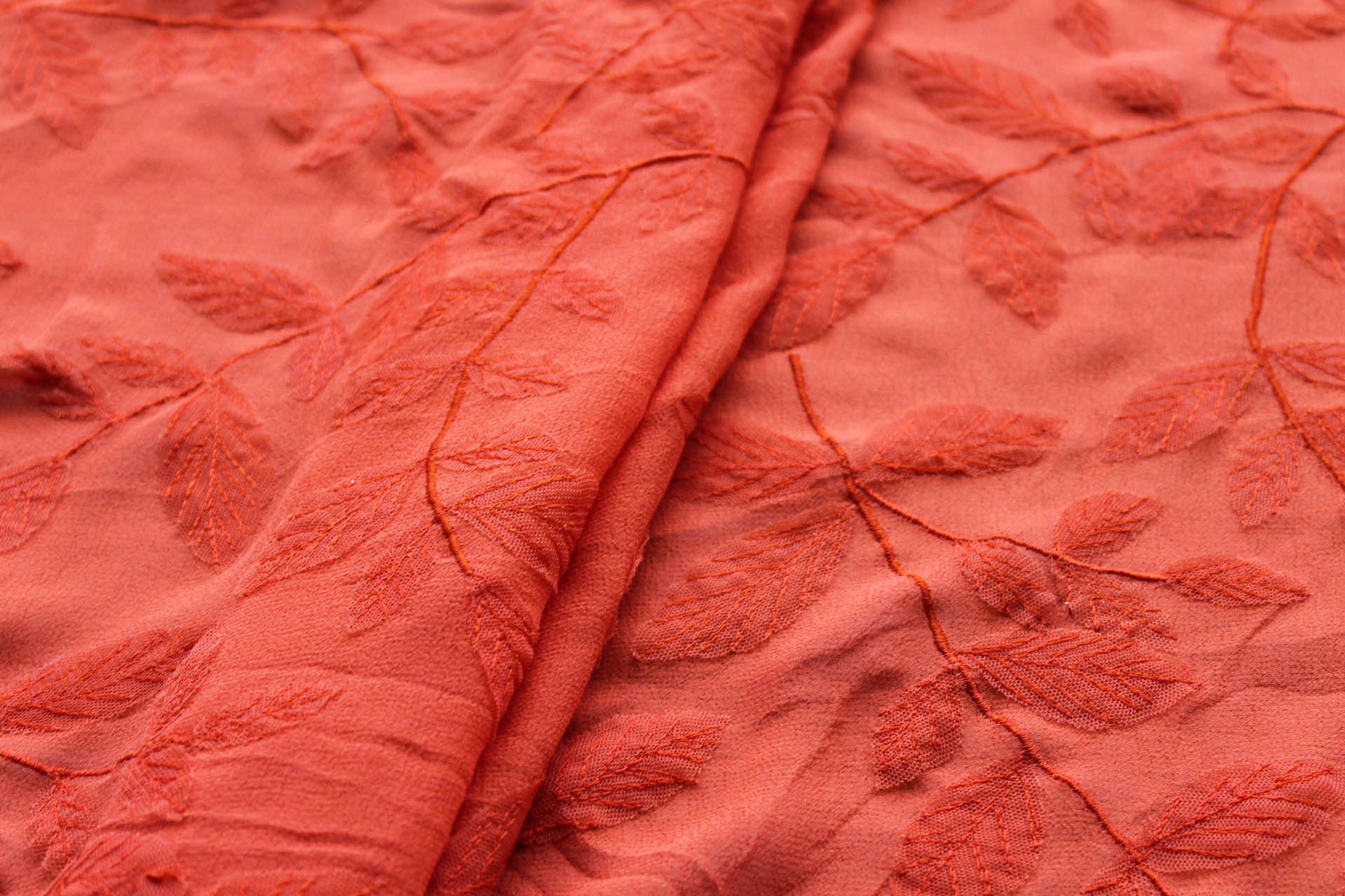 Embroidered Applique Leaf on Orange Silk Georgette fabric, image 5 of 6