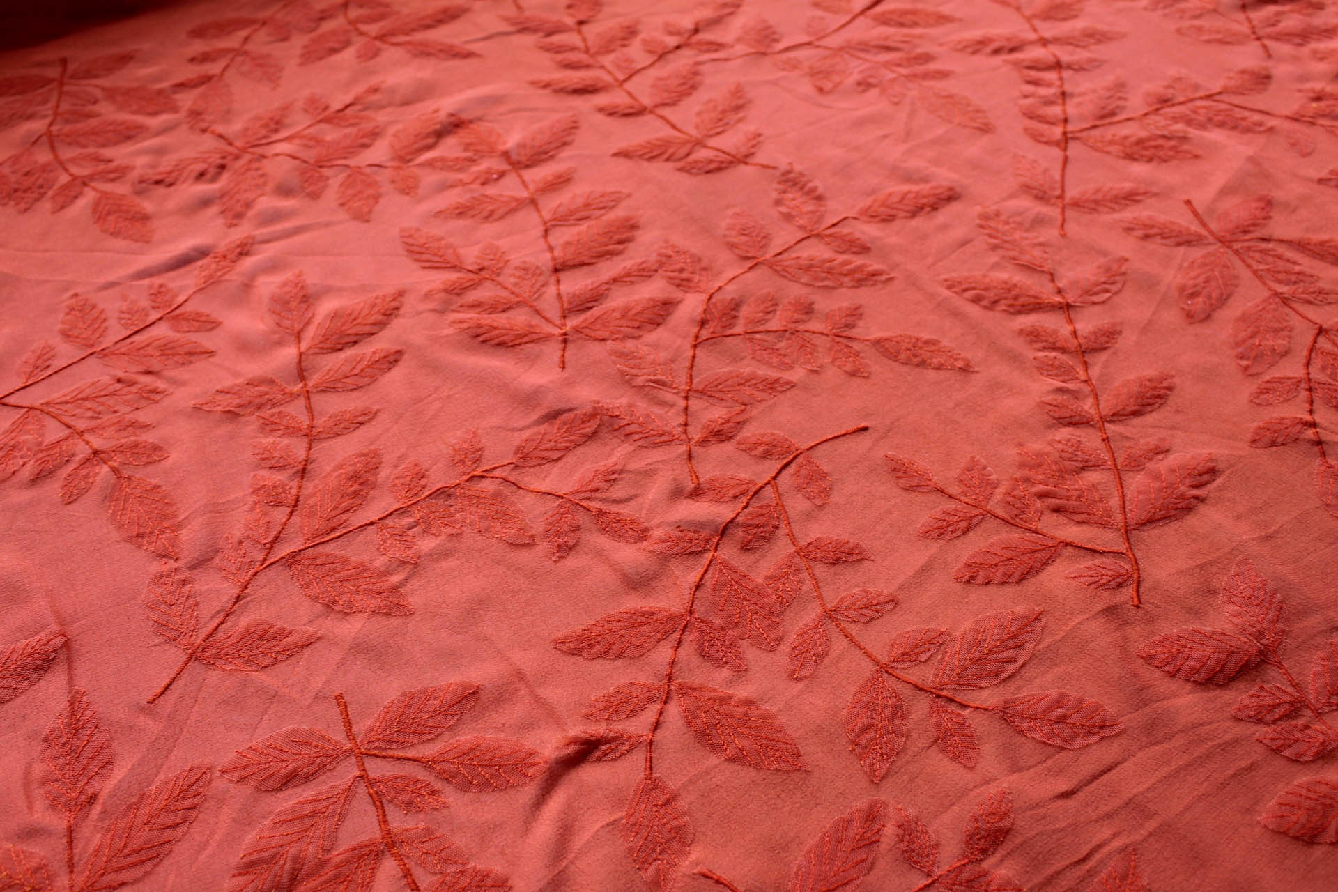 Embroidered Applique Leaf on Orange Silk Georgette fabric, image 6 of 6