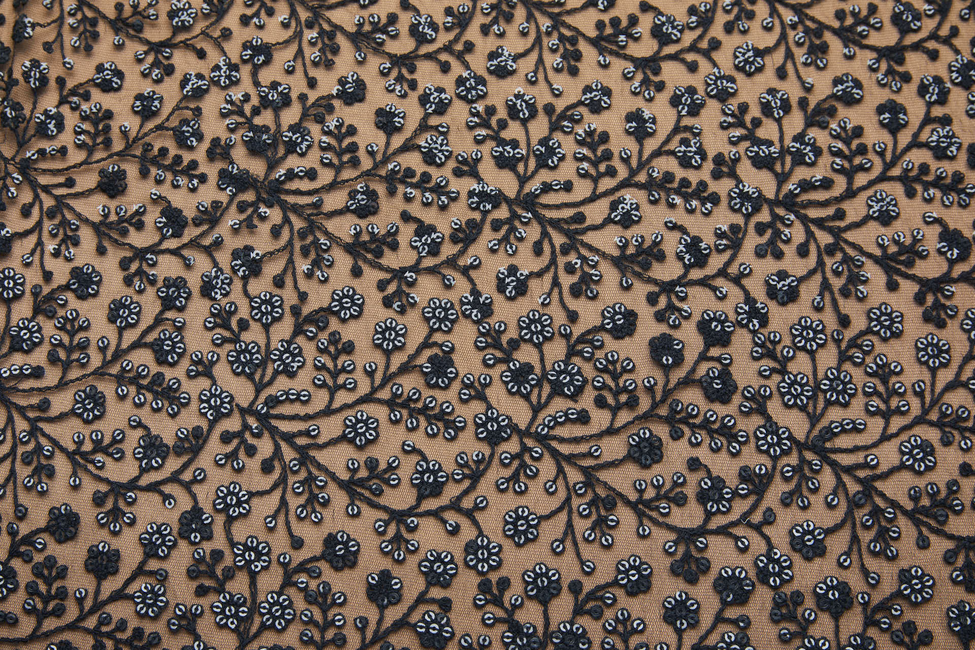 Sequinned and Embroidered Flowers on Tulle - Black fabric, image 6 of 7