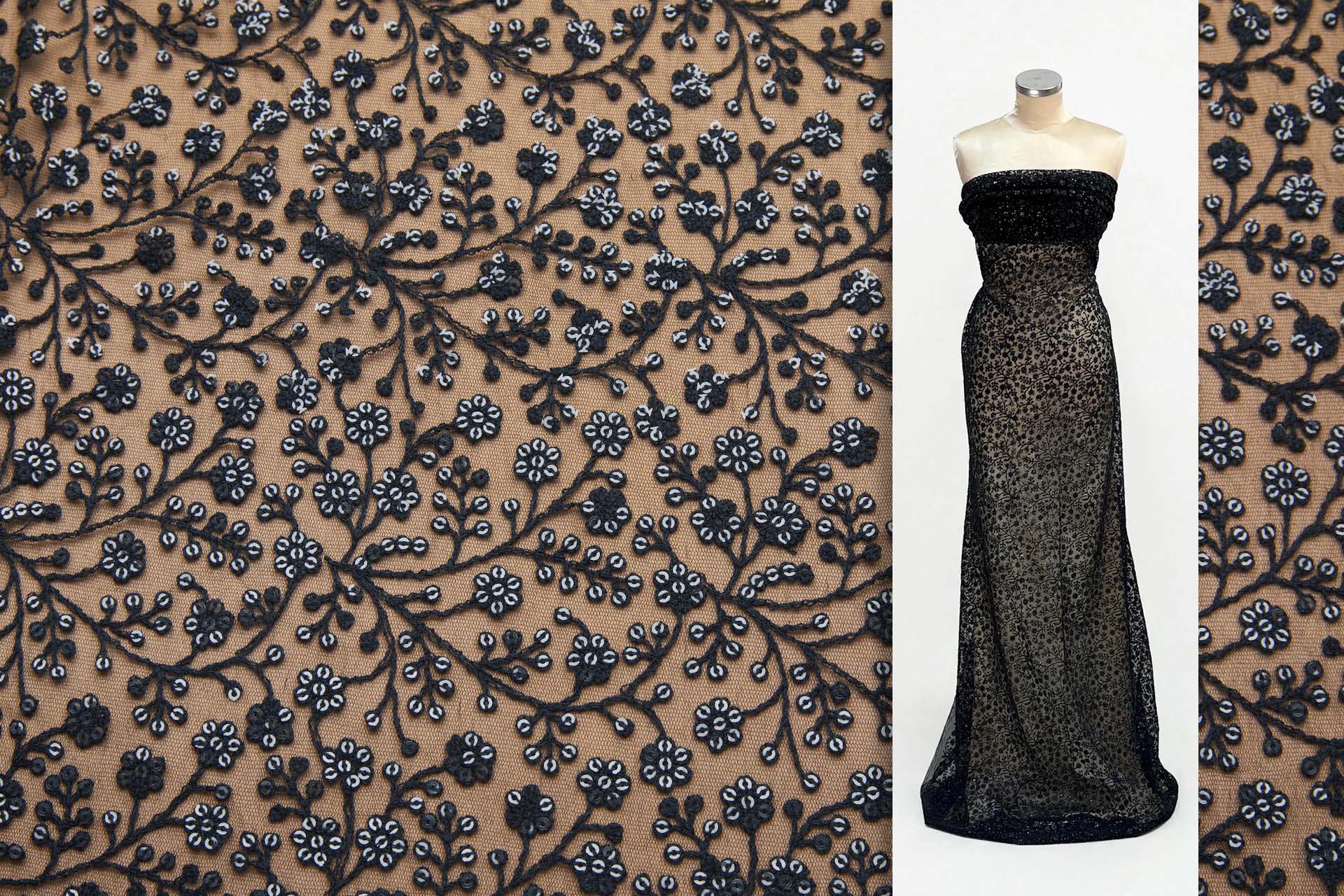 Sequinned and Embroidered Flowers on Tulle - Black fabric