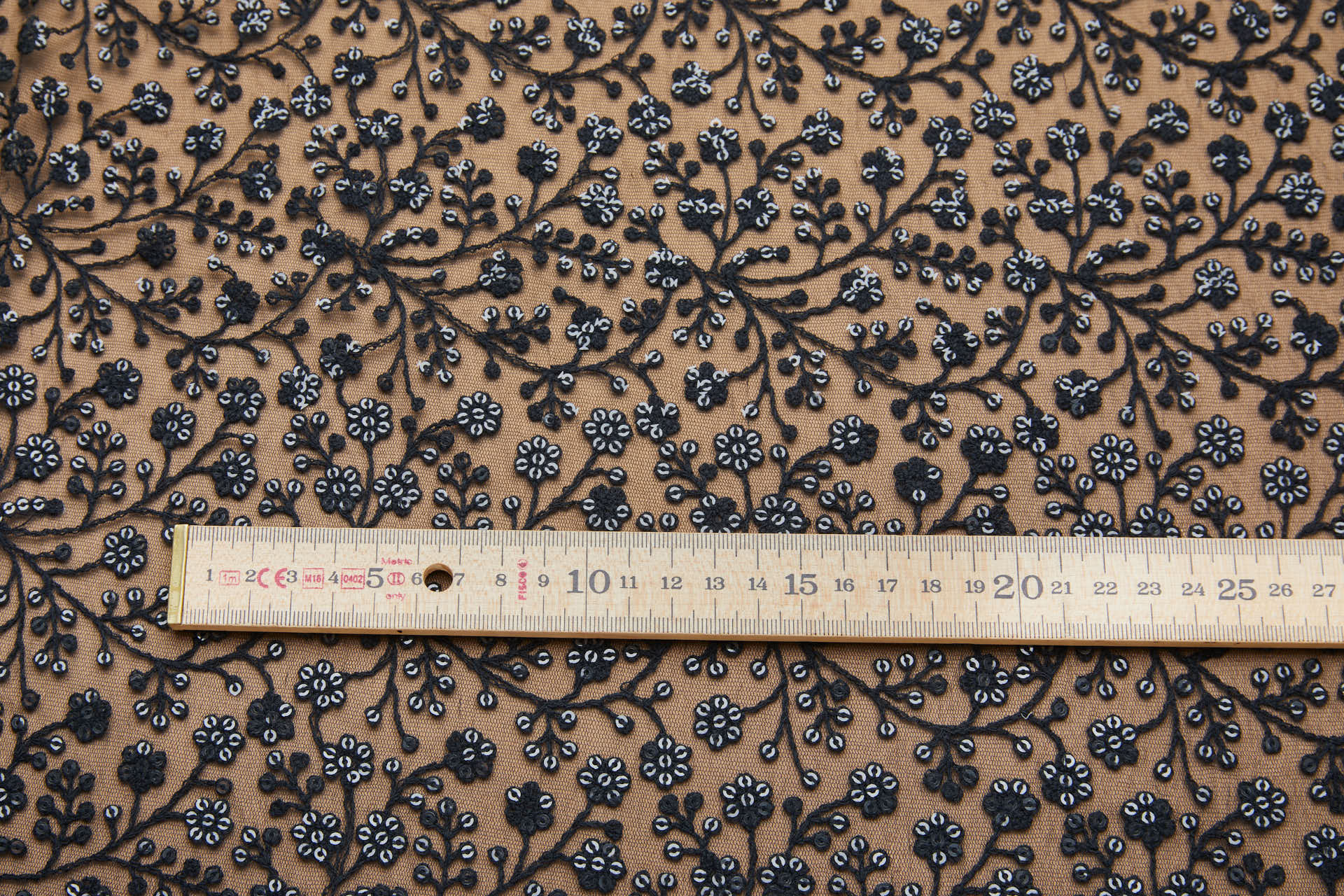 Sequinned and Embroidered Flowers on Tulle - Black fabric, image 3 of 7