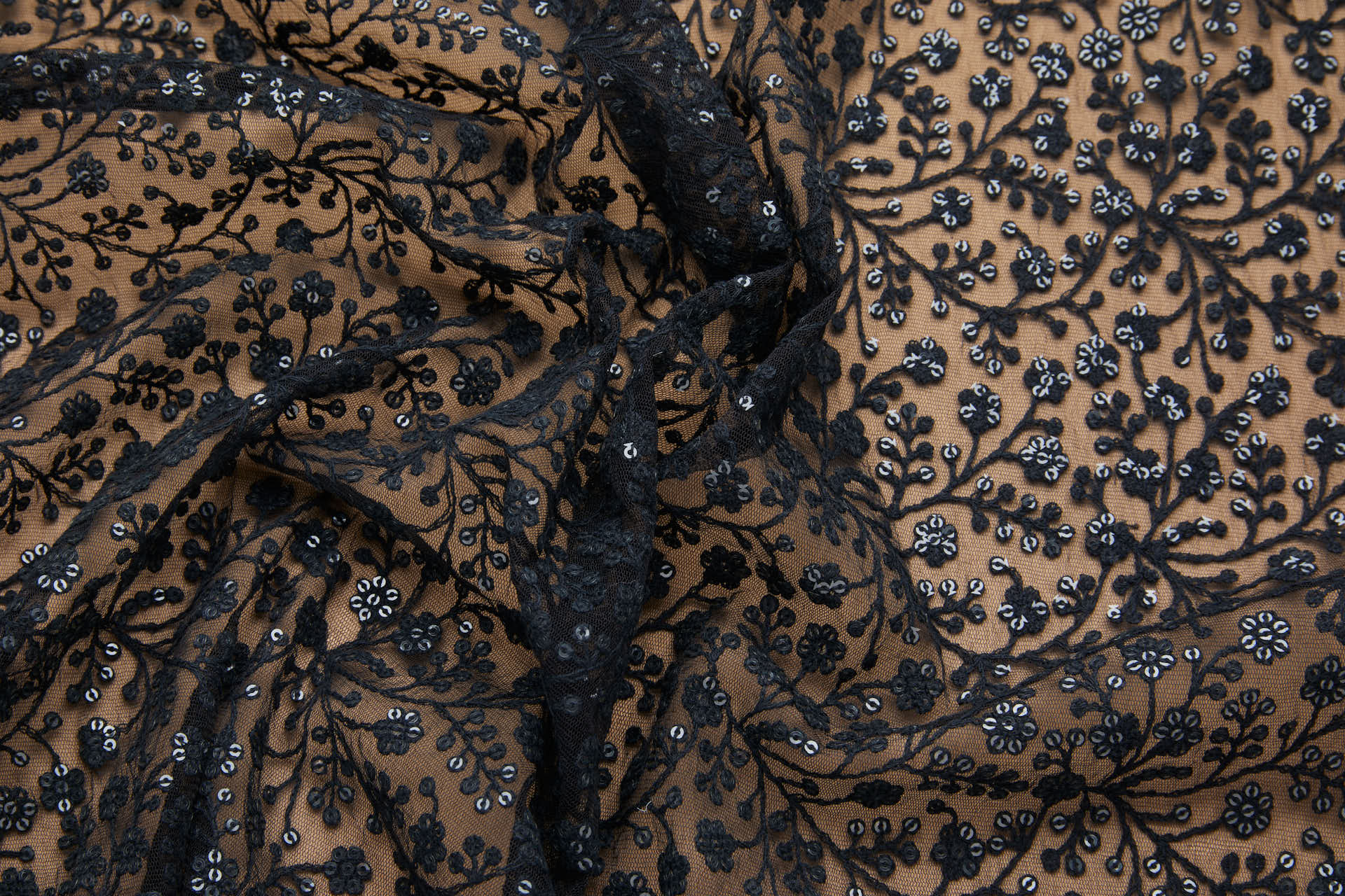 Sequinned and Embroidered Flowers on Tulle - Black fabric, image 7 of 7