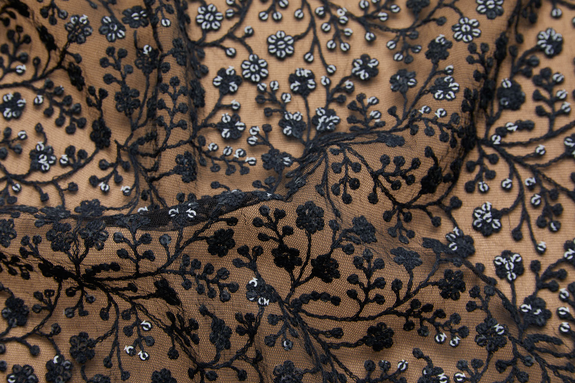Sequinned and Embroidered Flowers on Tulle - Black fabric, image 2 of 7