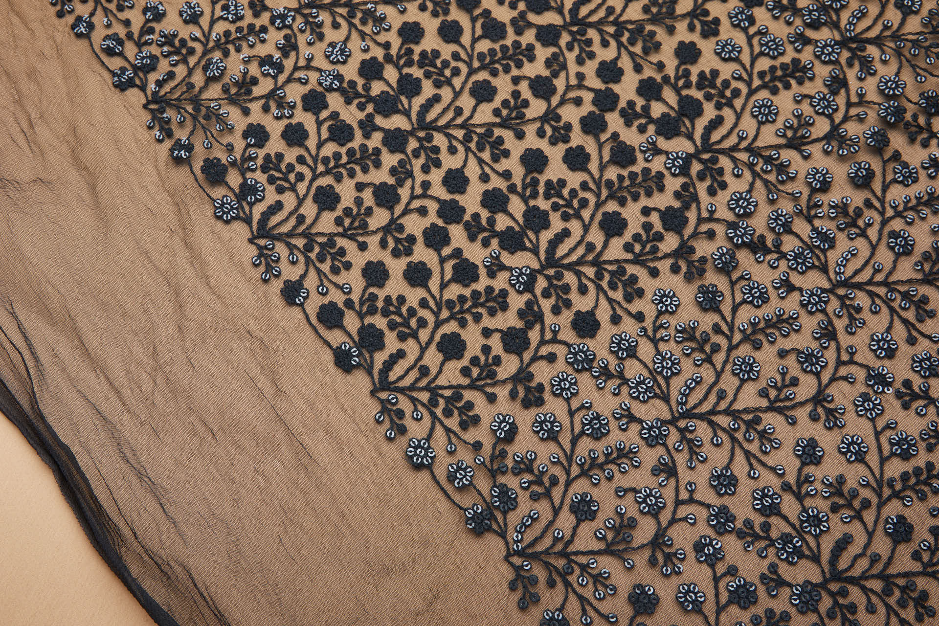 Sequinned and Embroidered Flowers on Tulle - Black fabric, image 4 of 7