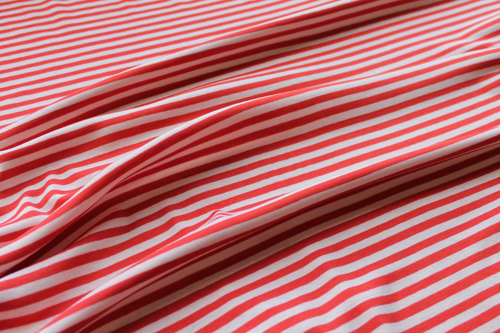 Tomato Red and Pinkish Ivory Stripe Jersey fabric, image 2 of 5