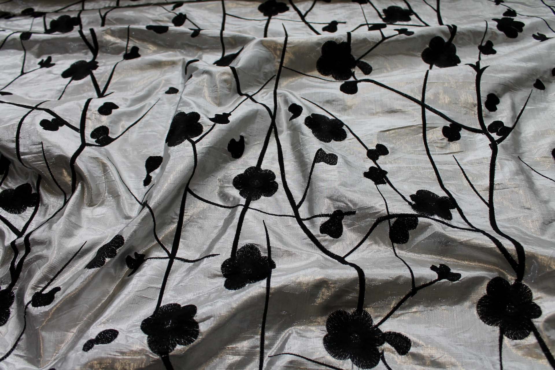 Black Floral Embroidery on Silver shot Black Metallic Dupion fabric, image 2 of 7