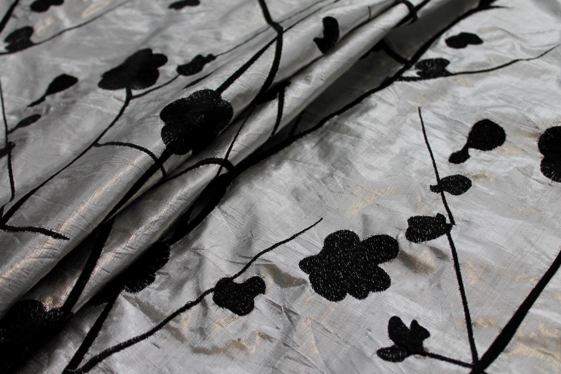 Black Floral Embroidery on Silver shot Black Metallic Dupion fabric, image 3 of 7