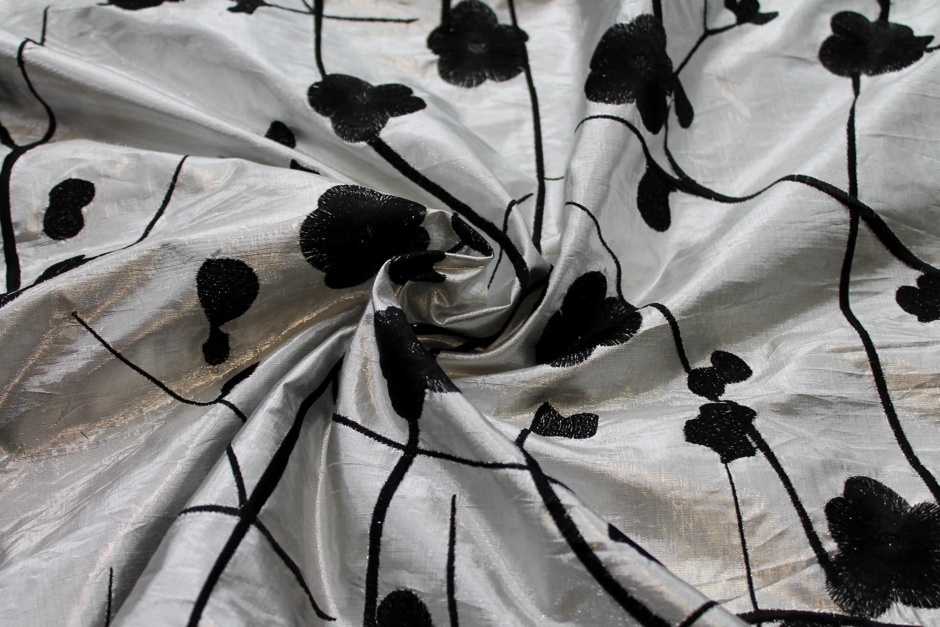 Black Floral Embroidery on Silver shot Black Metallic Dupion fabric