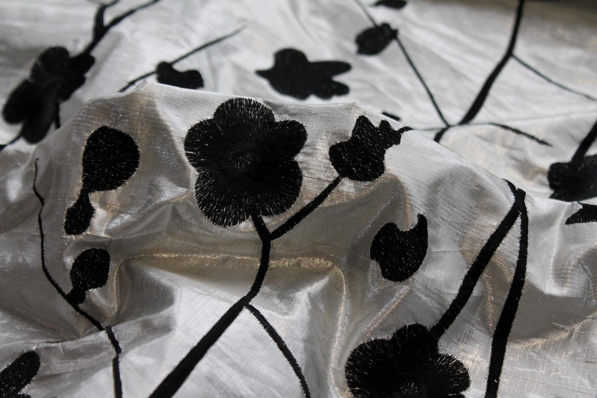 Black Floral Embroidery on Silver shot Black Metallic Dupion fabric, image 4 of 7