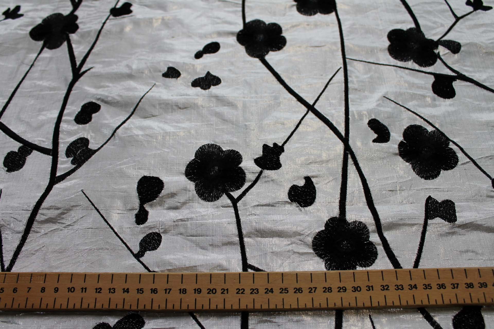 Black Floral Embroidery on Silver shot Black Metallic Dupion fabric, image 5 of 7
