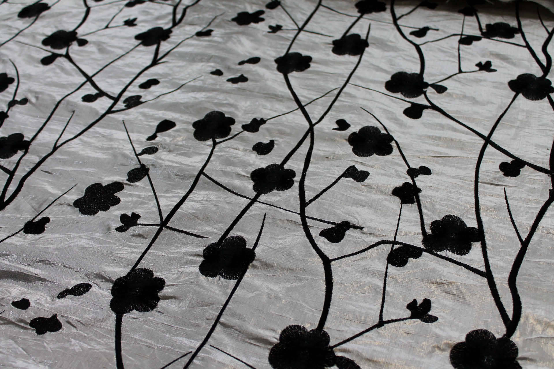 Black Floral Embroidery on Silver shot Black Metallic Dupion fabric, image 6 of 7