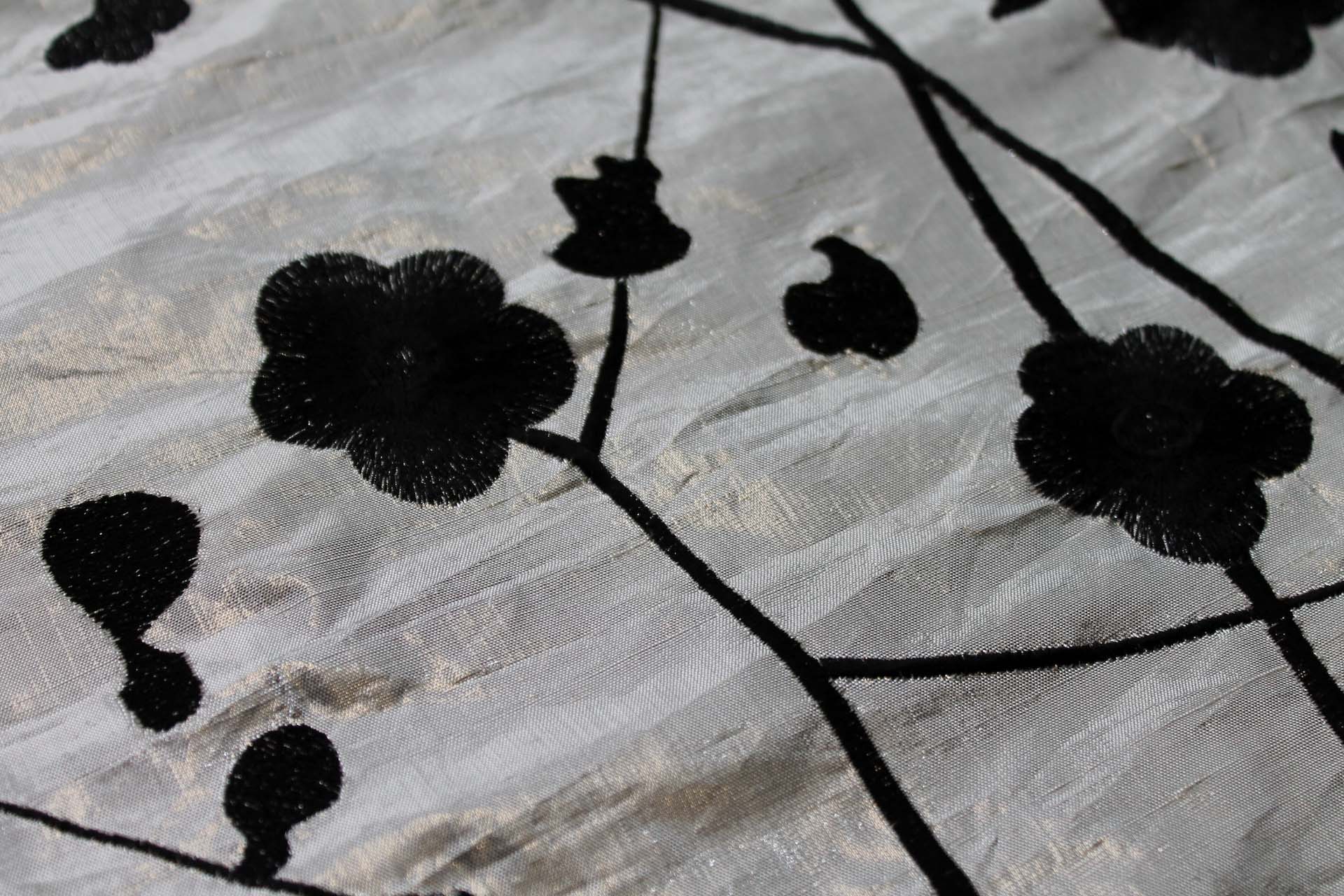Black Floral Embroidery on Silver shot Black Metallic Dupion fabric, image 7 of 7