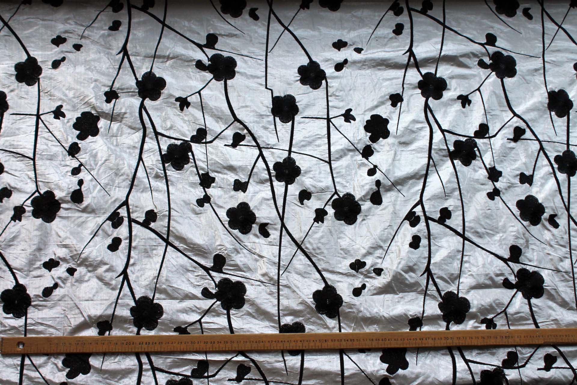 Black Floral Embroidery on Silver shot Ivory Metallic Dupion fabric, image 3 of 6