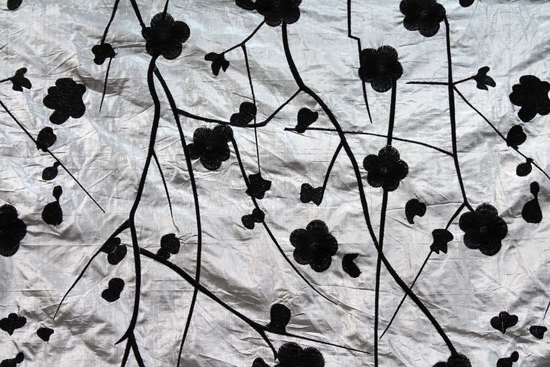 Black Floral Embroidery on Silver shot Ivory Metallic Dupion fabric