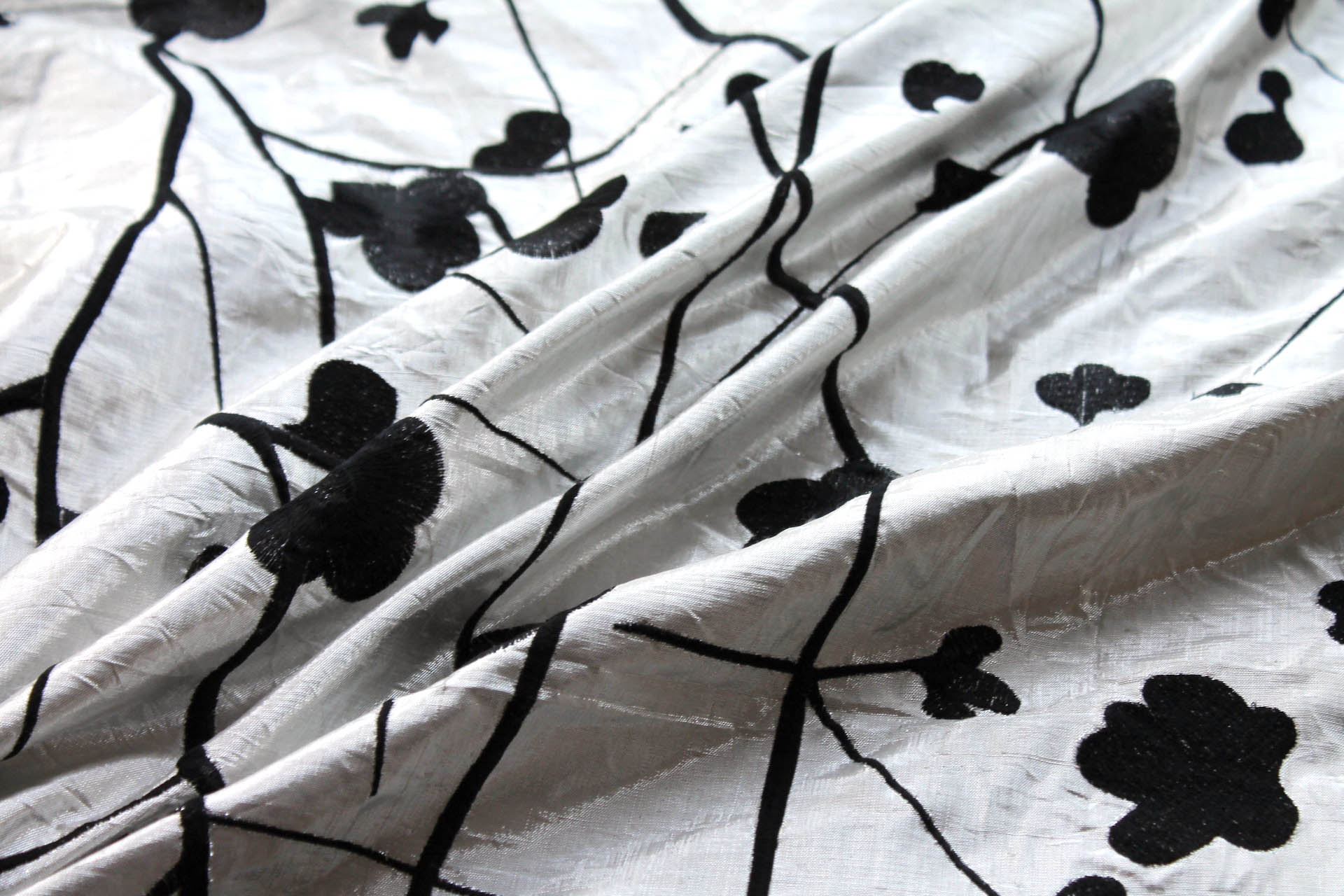 Black Floral Embroidery on Silver shot Ivory Metallic Dupion fabric, image 4 of 6