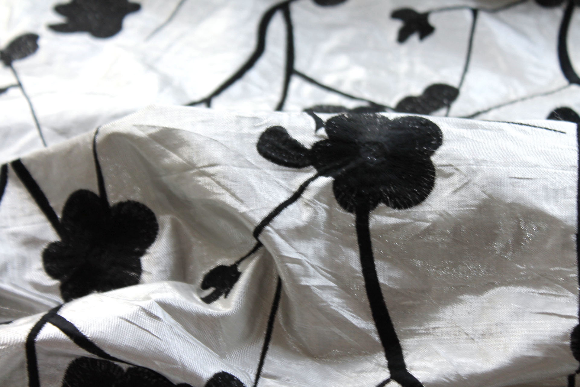 Black Floral Embroidery on Silver shot Ivory Metallic Dupion fabric, image 5 of 6