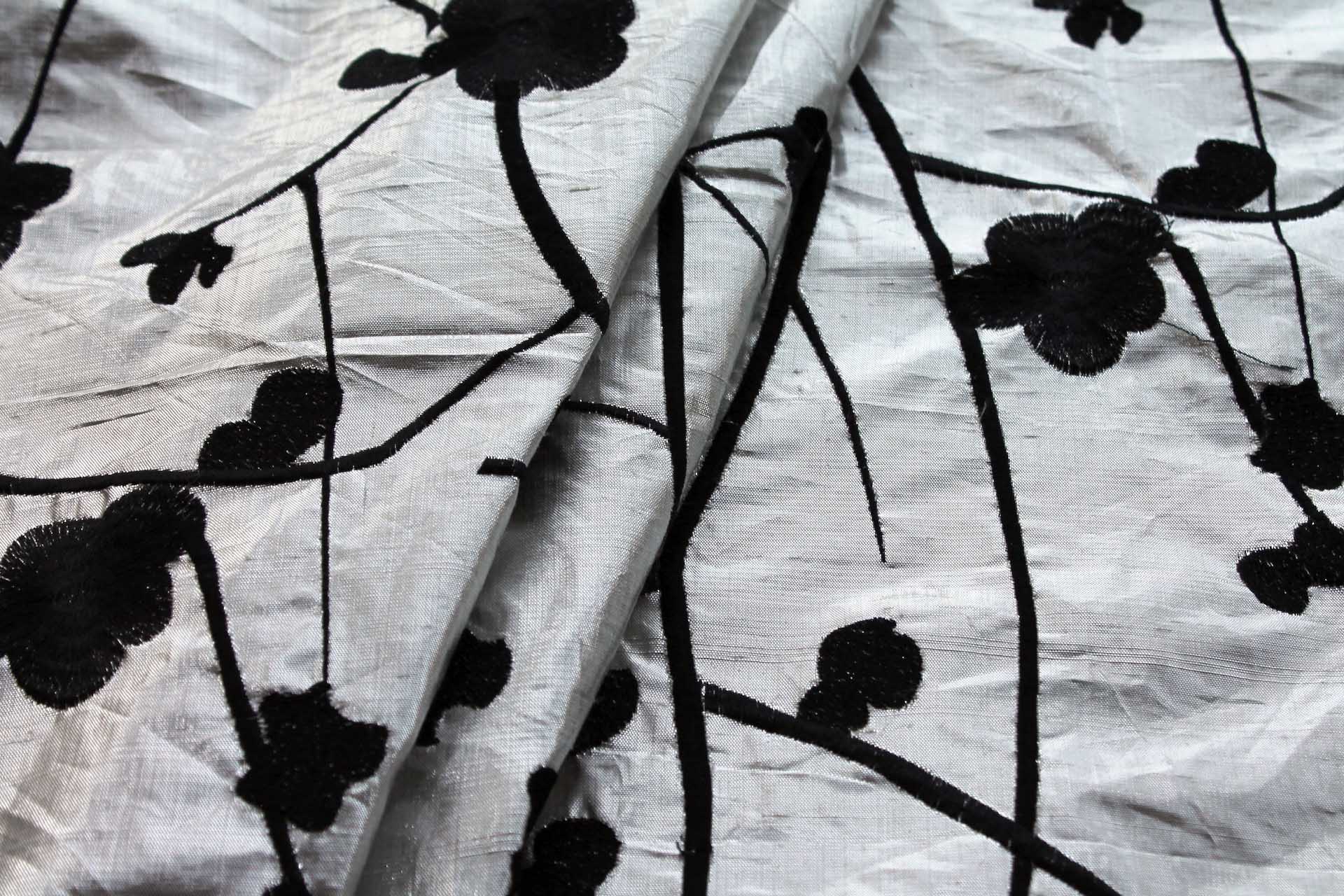 Black Floral Embroidery on Silver shot Ivory Metallic Dupion fabric, image 6 of 6