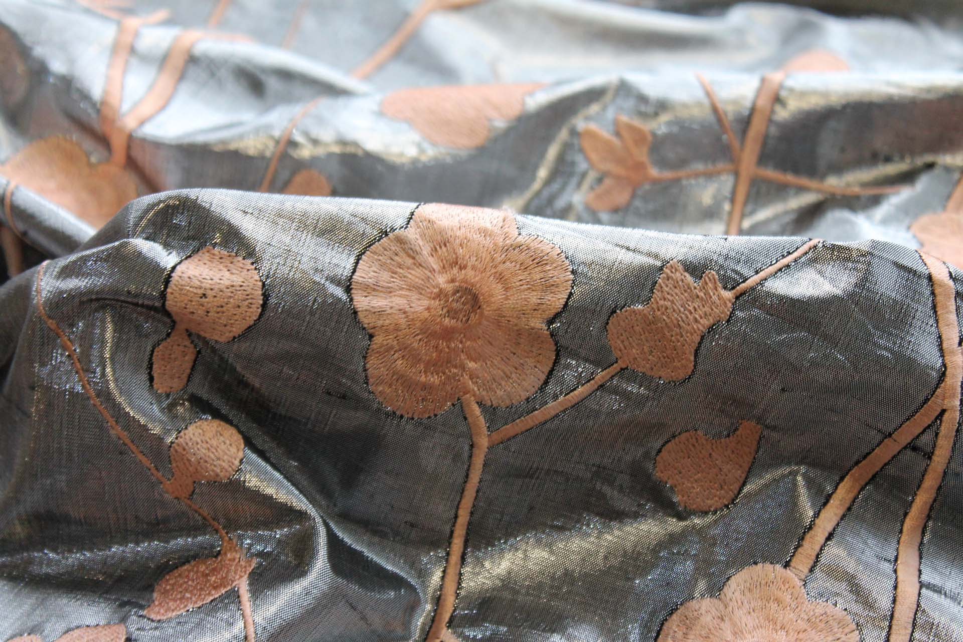 Peach Floral Embroidery on Dark Silver Metallic Dupion fabric, image 2 of 8