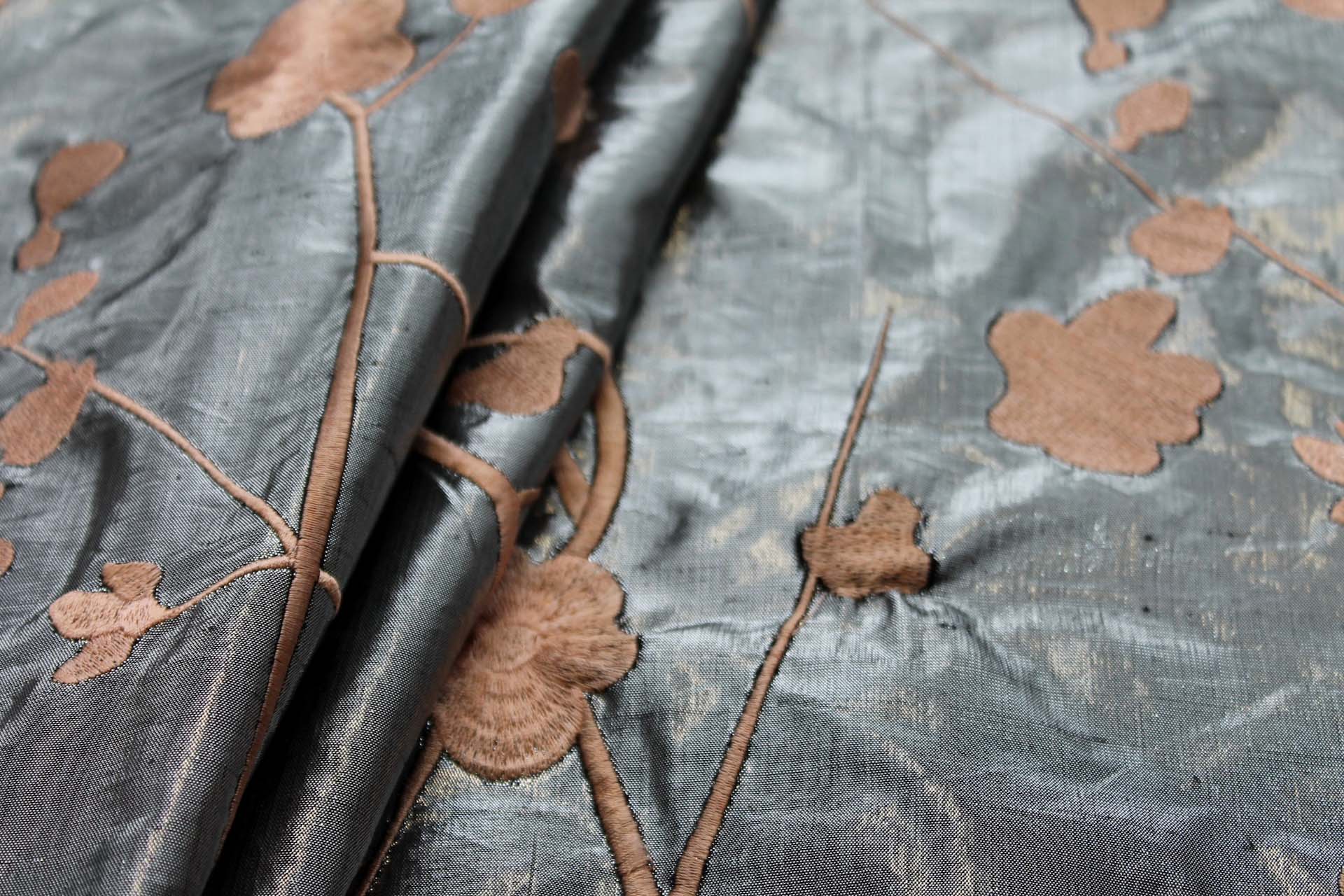 Peach Floral Embroidery on Dark Silver Metallic Dupion fabric, image 3 of 8