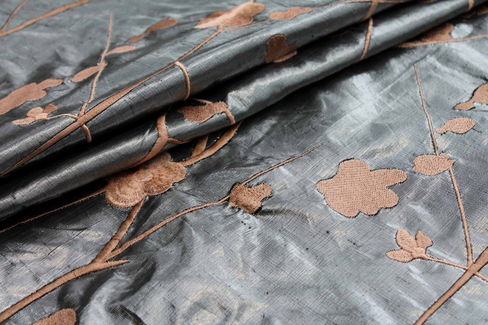 Peach Floral Embroidery on Dark Silver Metallic Dupion fabric, image 4 of 8