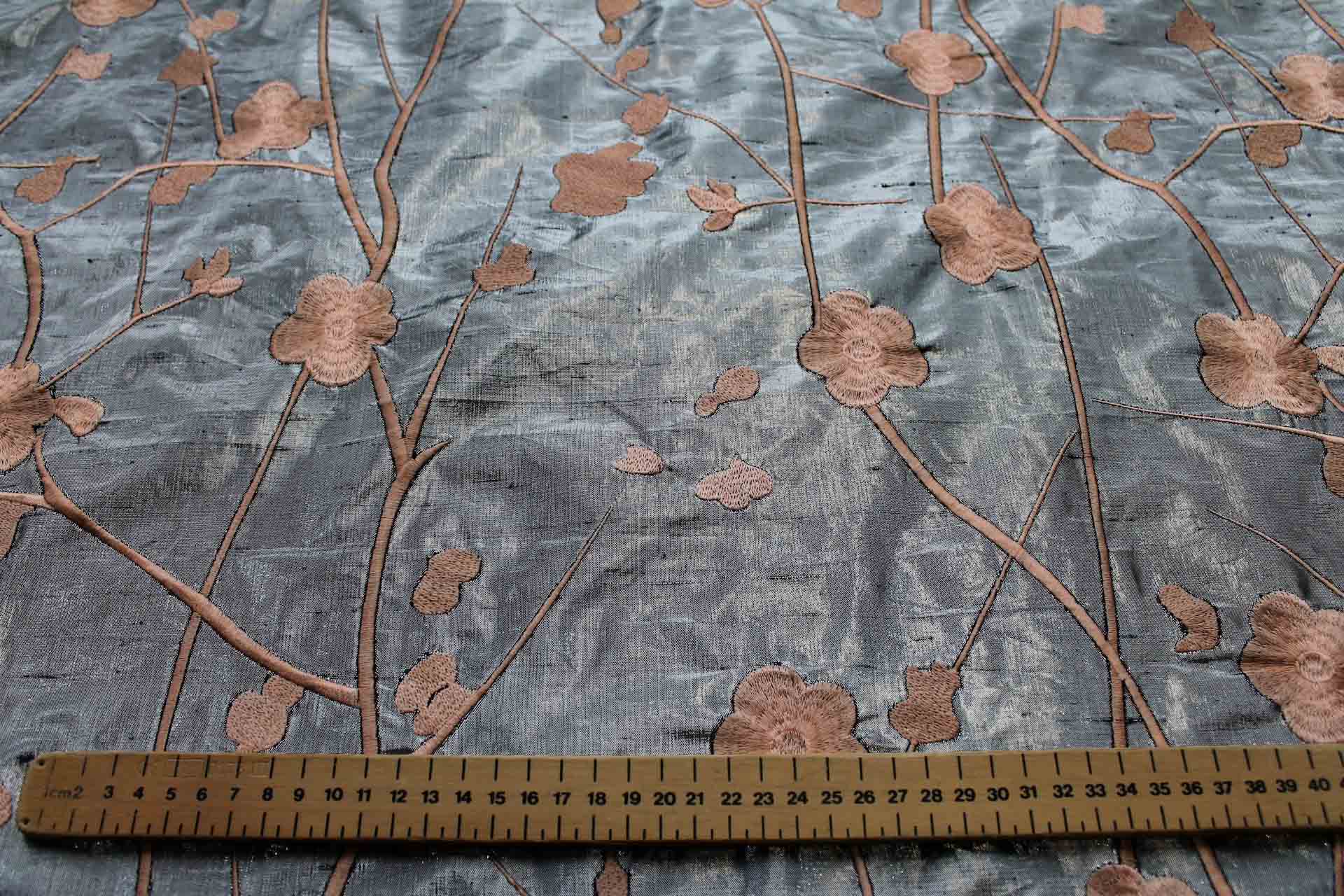 Peach Floral Embroidery on Dark Silver Metallic Dupion fabric, image 5 of 8