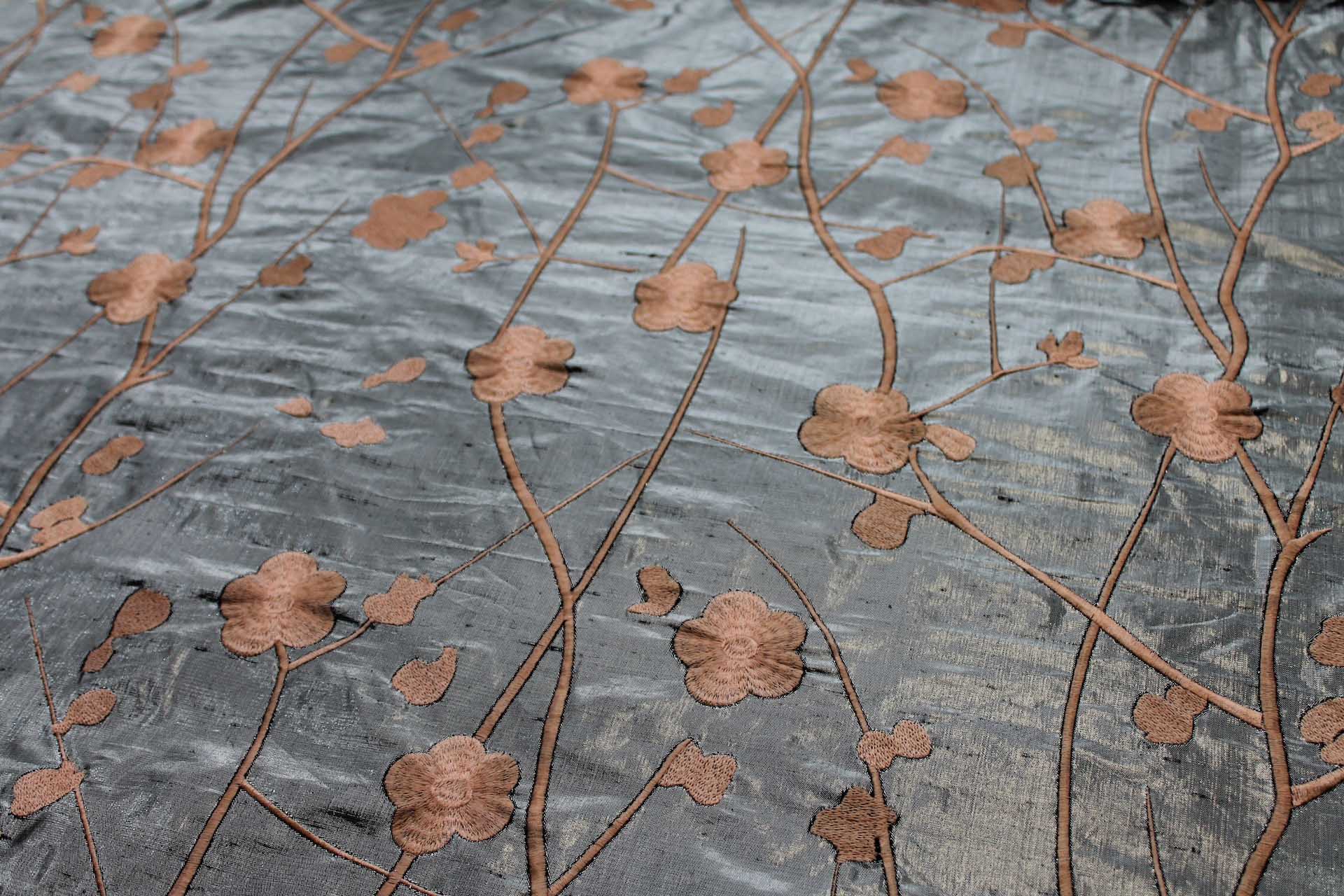 Peach Floral Embroidery on Dark Silver Metallic Dupion fabric, image 6 of 8