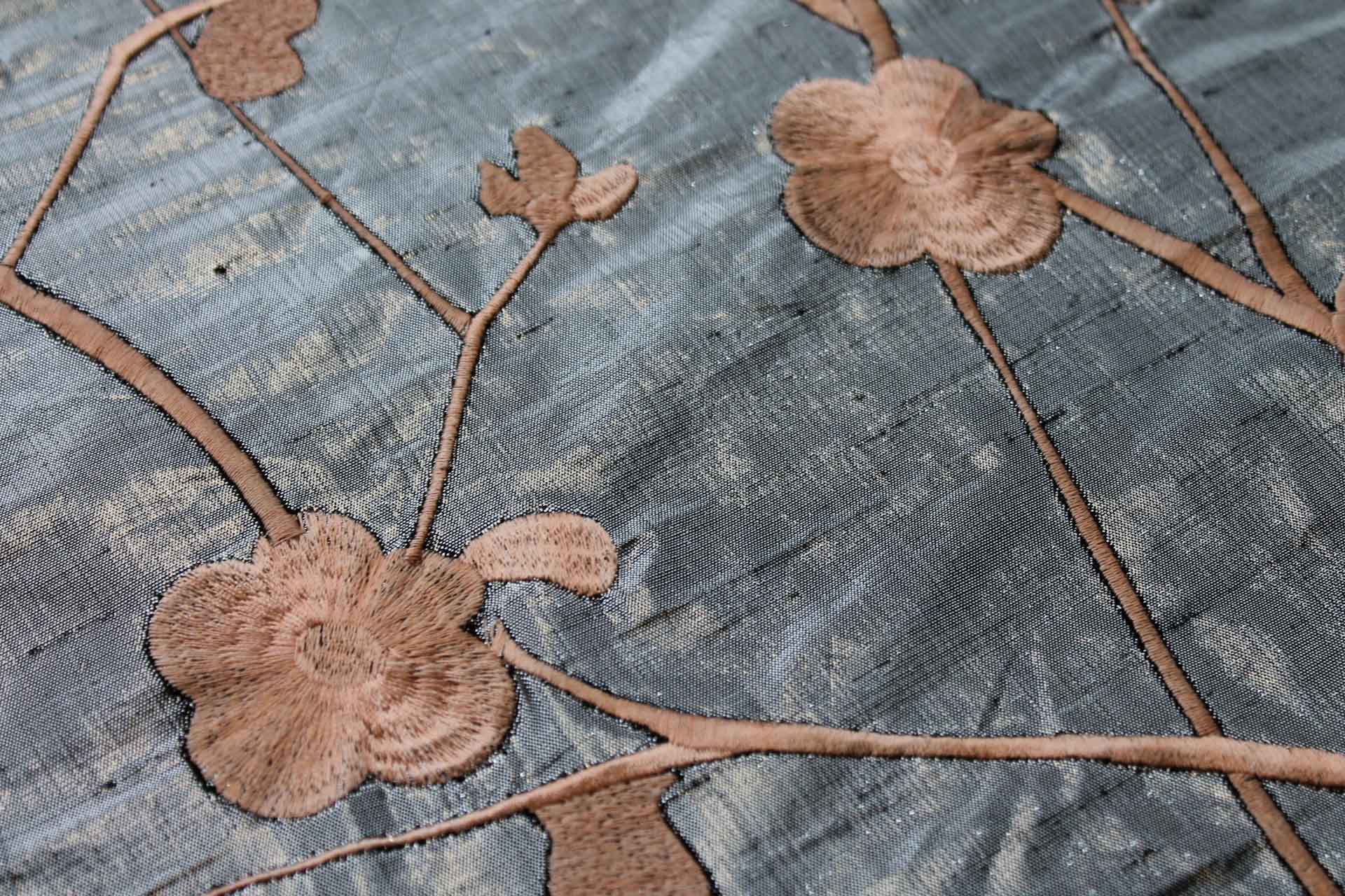 Peach Floral Embroidery on Dark Silver Metallic Dupion fabric, image 7 of 8