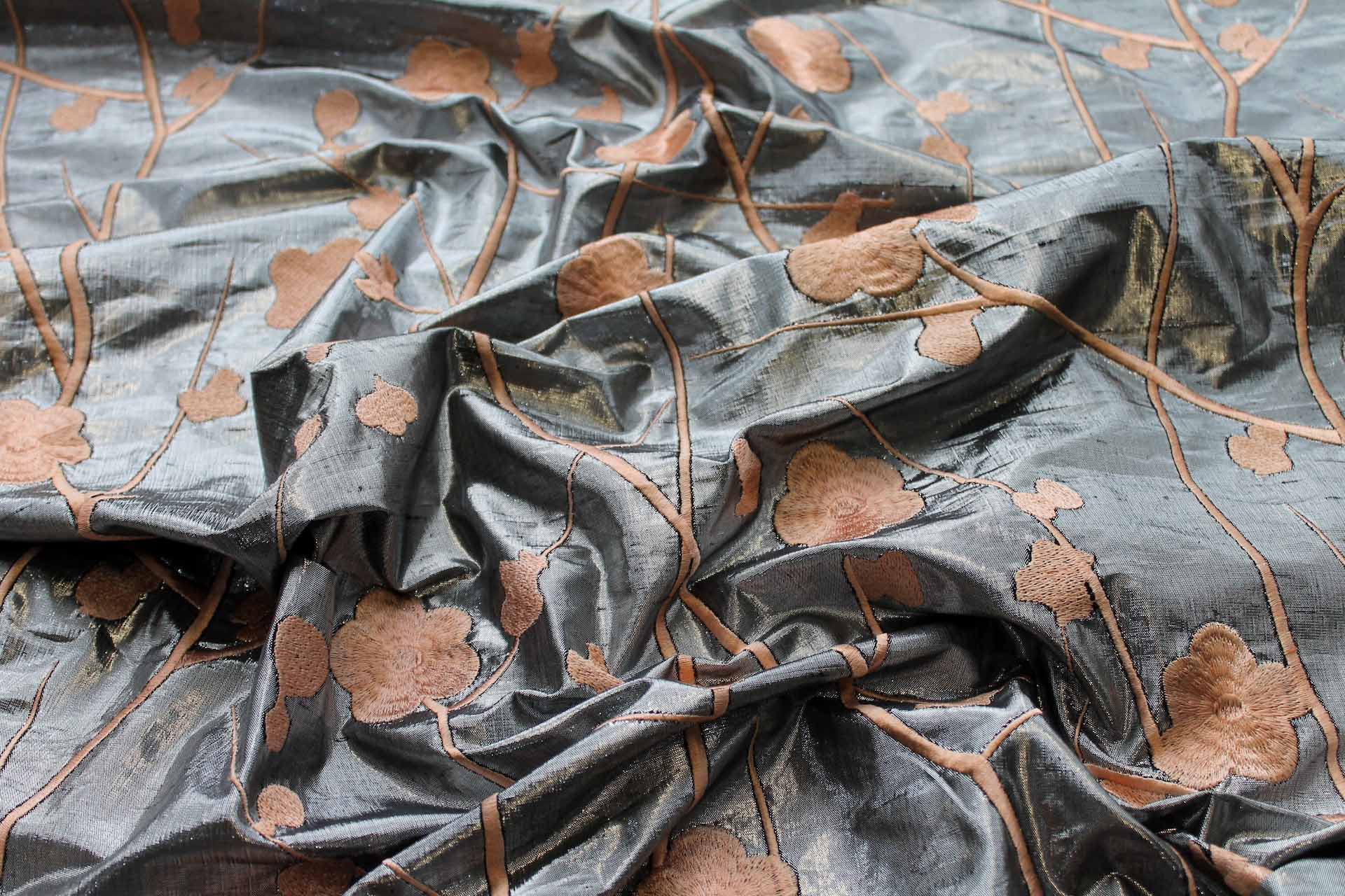 Peach Floral Embroidery on Dark Silver Metallic Dupion fabric, image 8 of 8