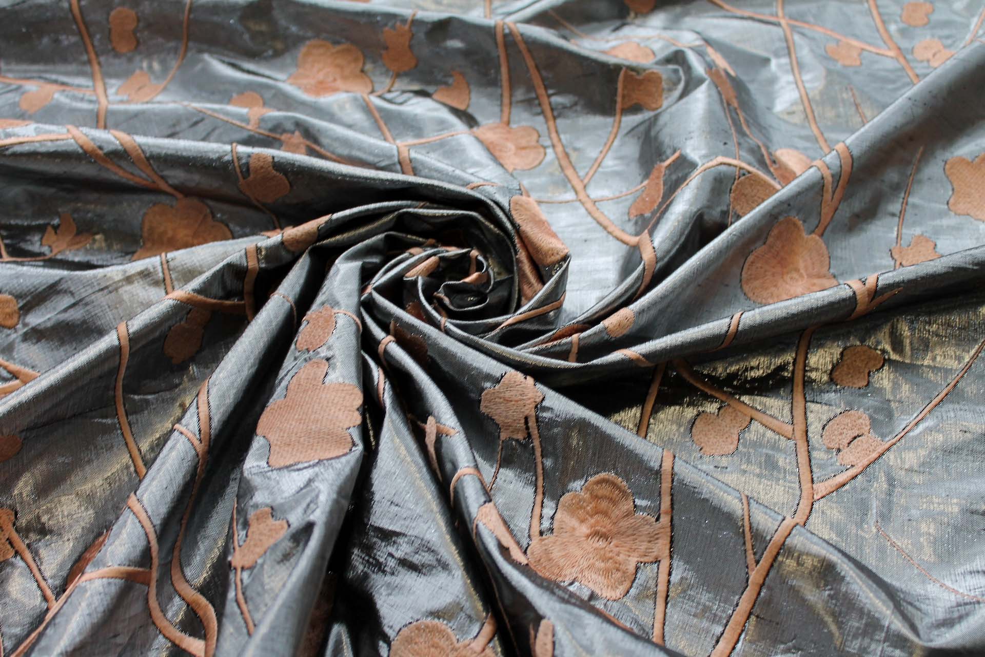 Peach Floral Embroidery on Dark Silver Metallic Dupion fabric