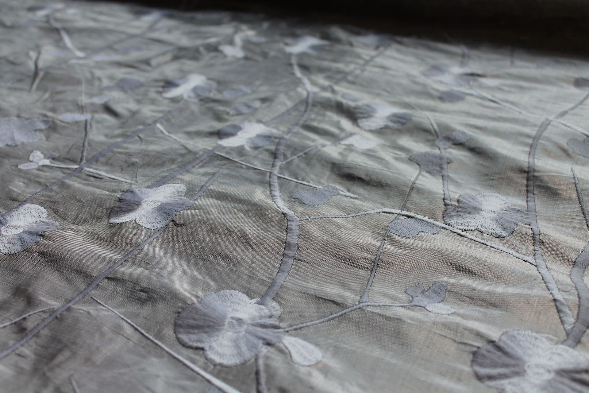 White Floral Embroidery on Pale Silver Metallic Dupion fabric, image 2 of 8