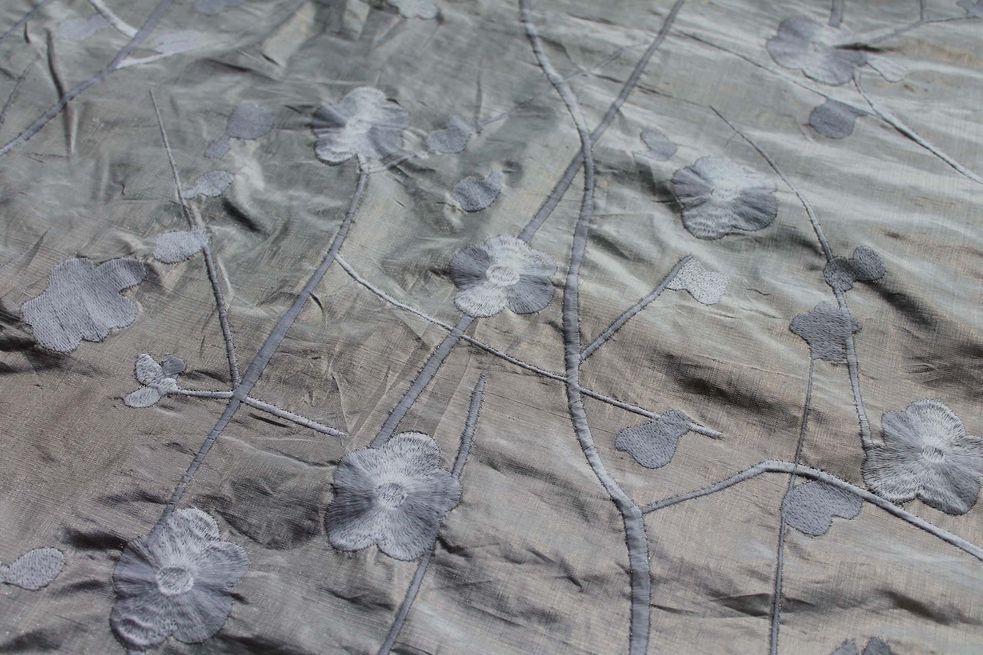 White Floral Embroidery on Pale Silver Metallic Dupion fabric, image 3 of 8