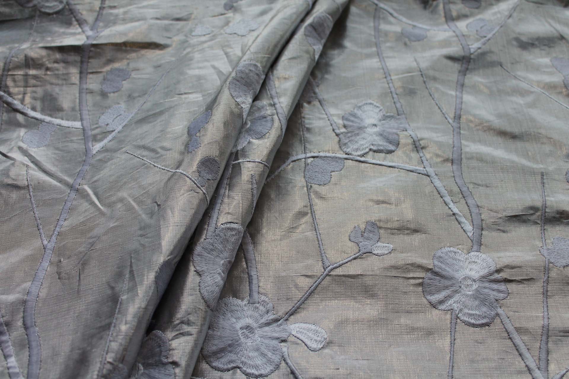 White Floral Embroidery on Pale Silver Metallic Dupion fabric