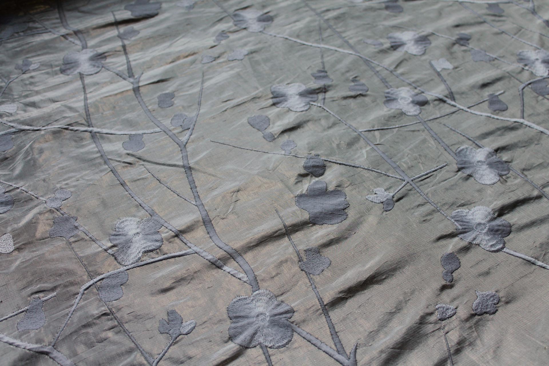 White Floral Embroidery on Pale Silver Metallic Dupion fabric, image 4 of 8