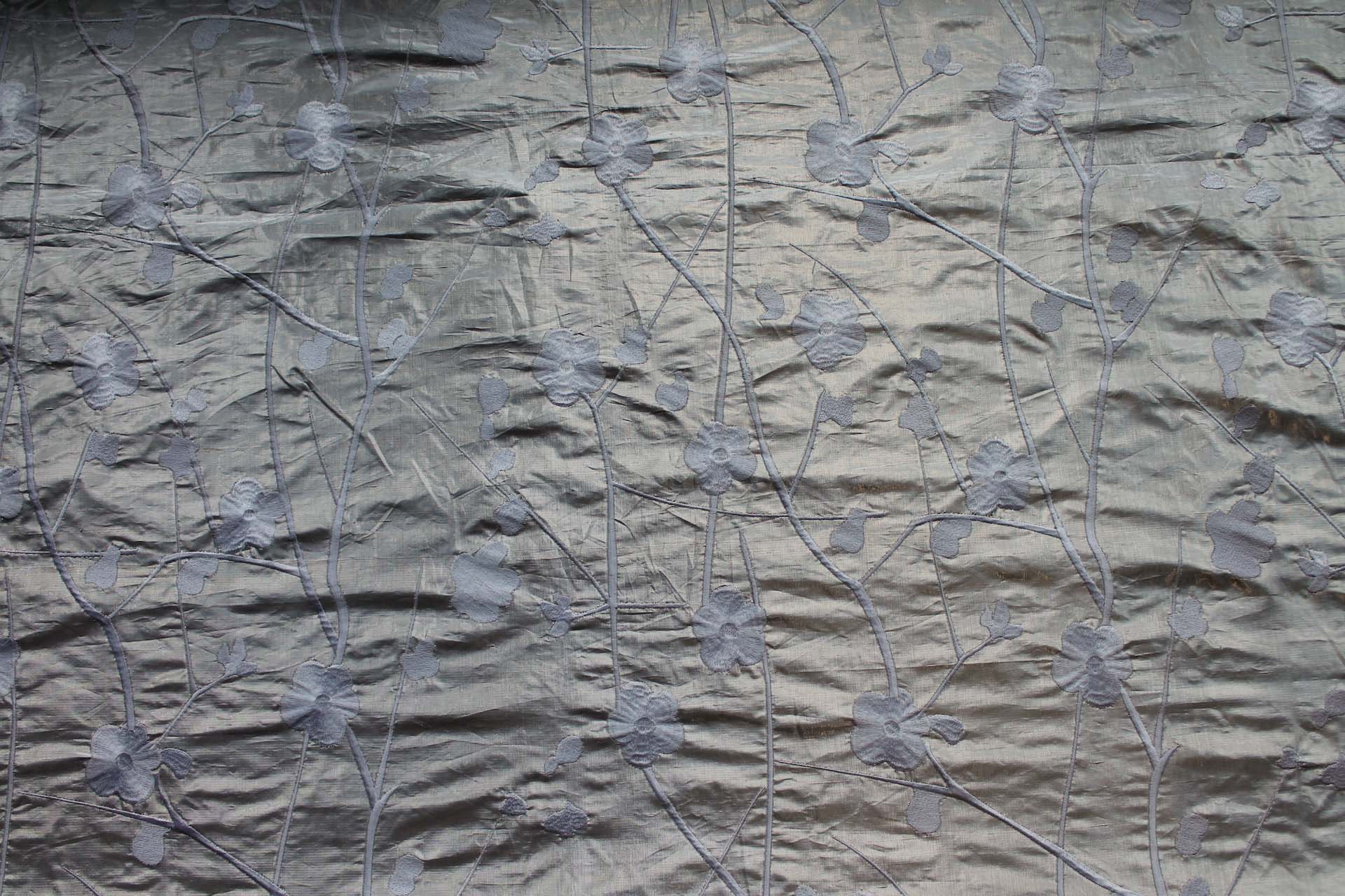 White Floral Embroidery on Pale Silver Metallic Dupion fabric, image 5 of 8