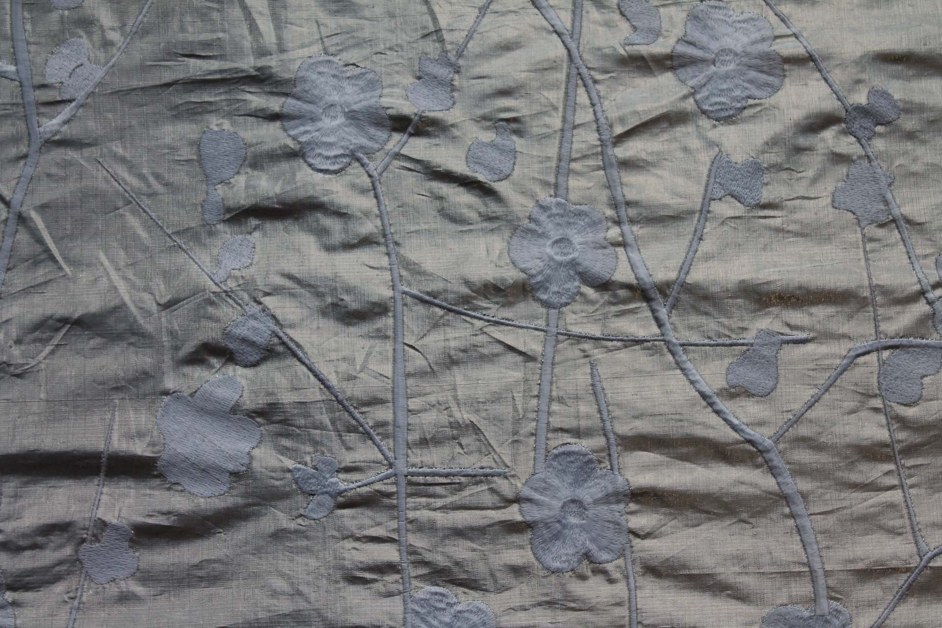 White Floral Embroidery on Pale Silver Metallic Dupion fabric, image 6 of 8