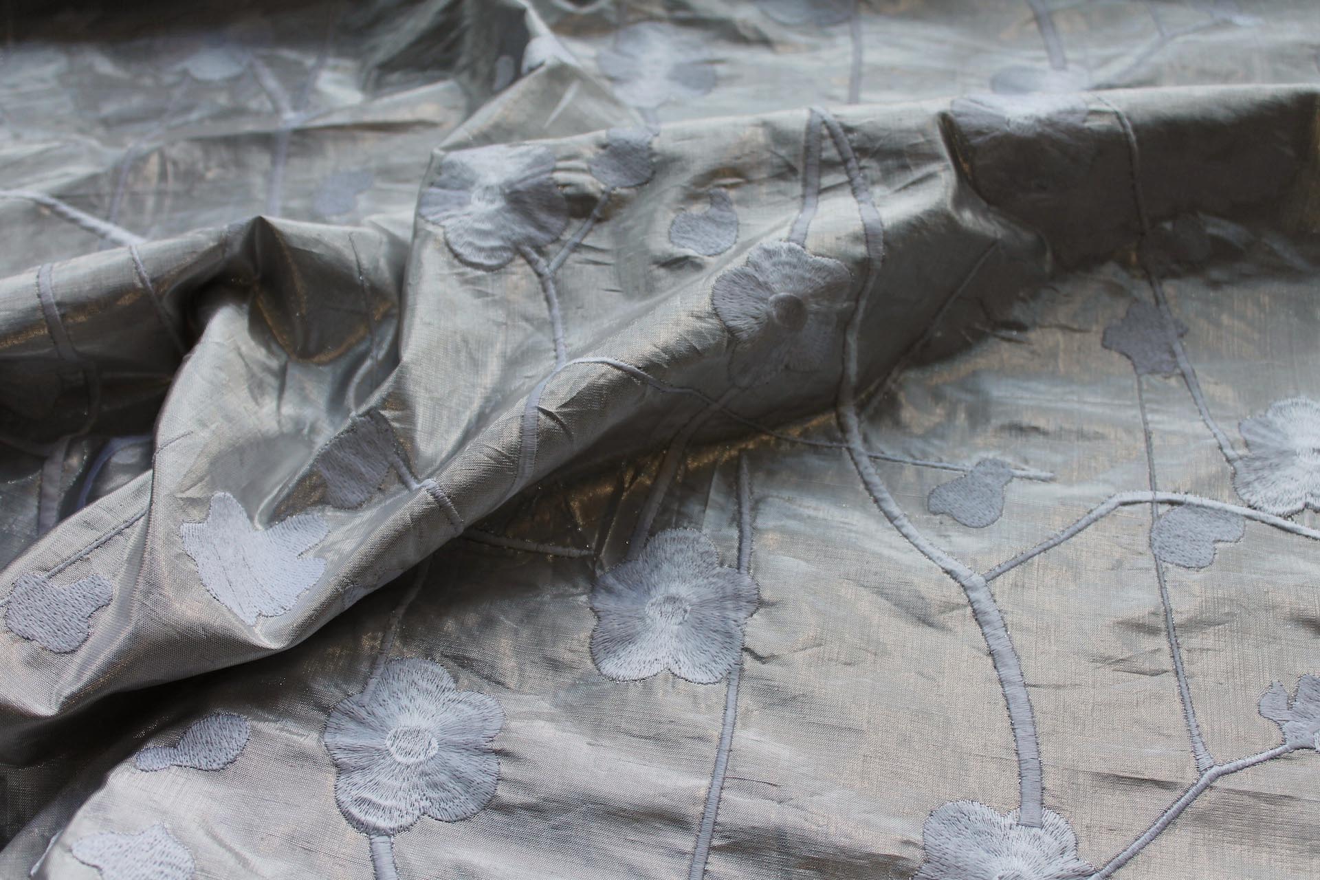 White Floral Embroidery on Pale Silver Metallic Dupion fabric, image 7 of 8