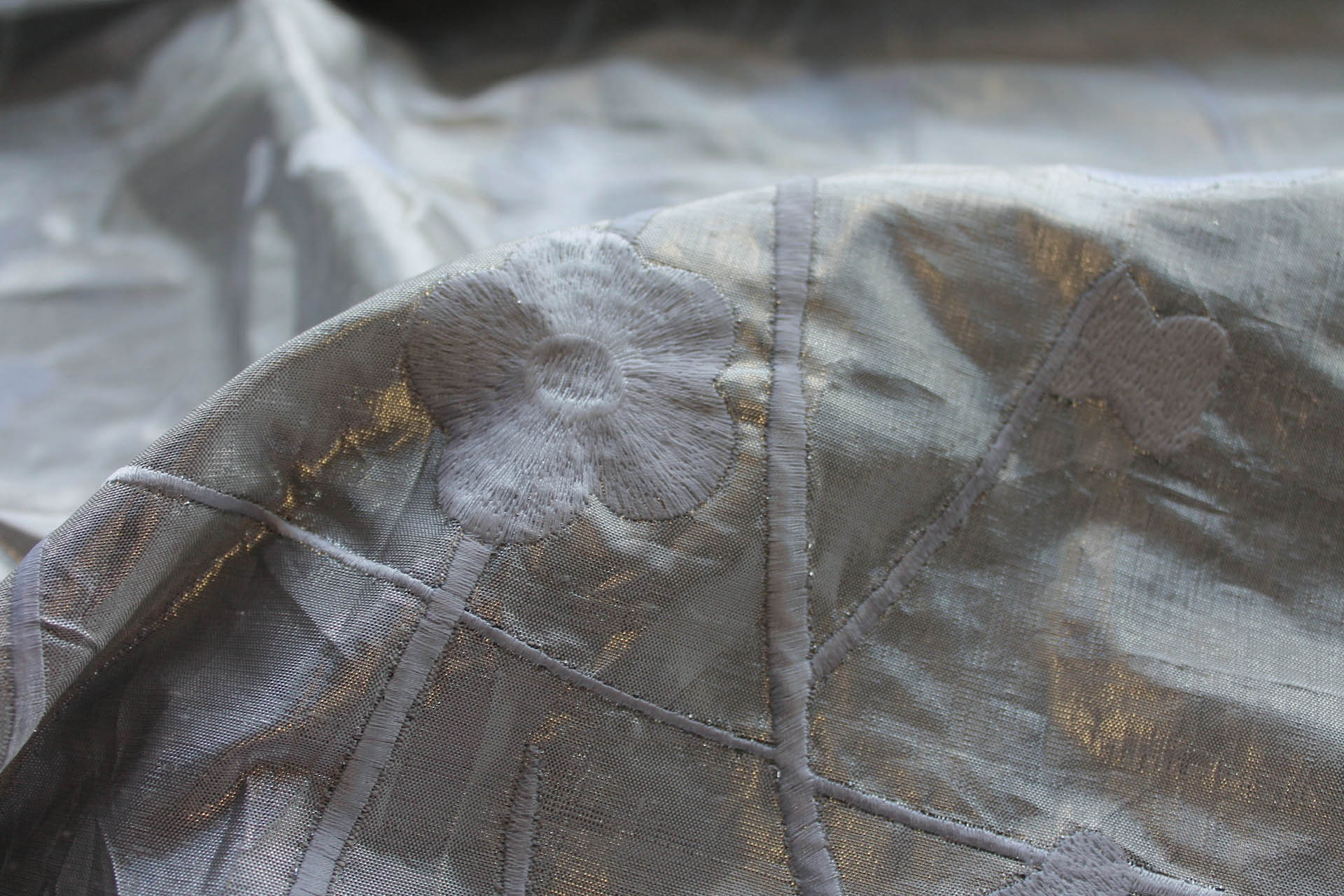 White Floral Embroidery on Pale Silver Metallic Dupion fabric, image 8 of 8