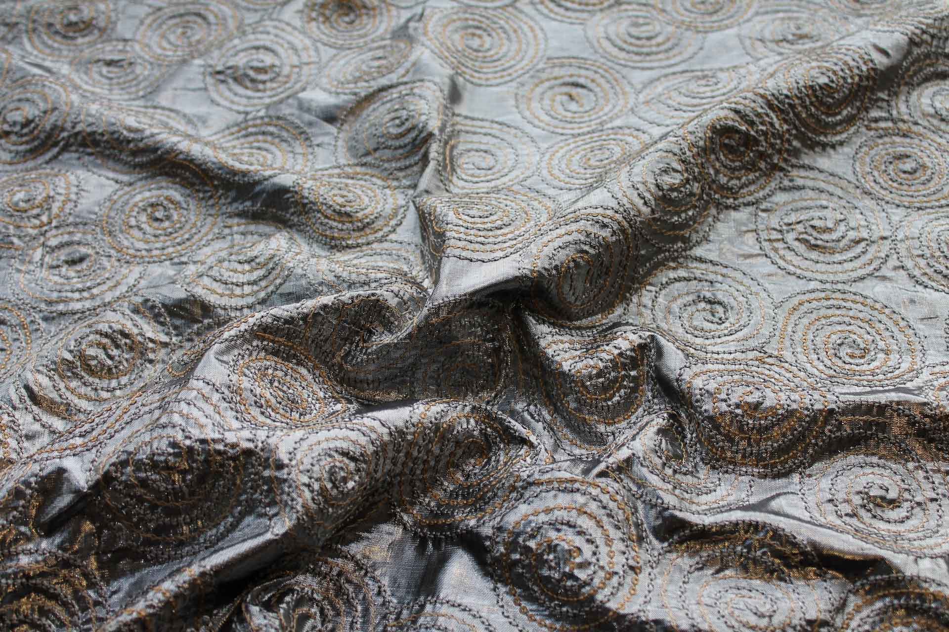 Spiral Embroidery with Sequins on Silver Metallic Dupion fabric, image 3 of 7