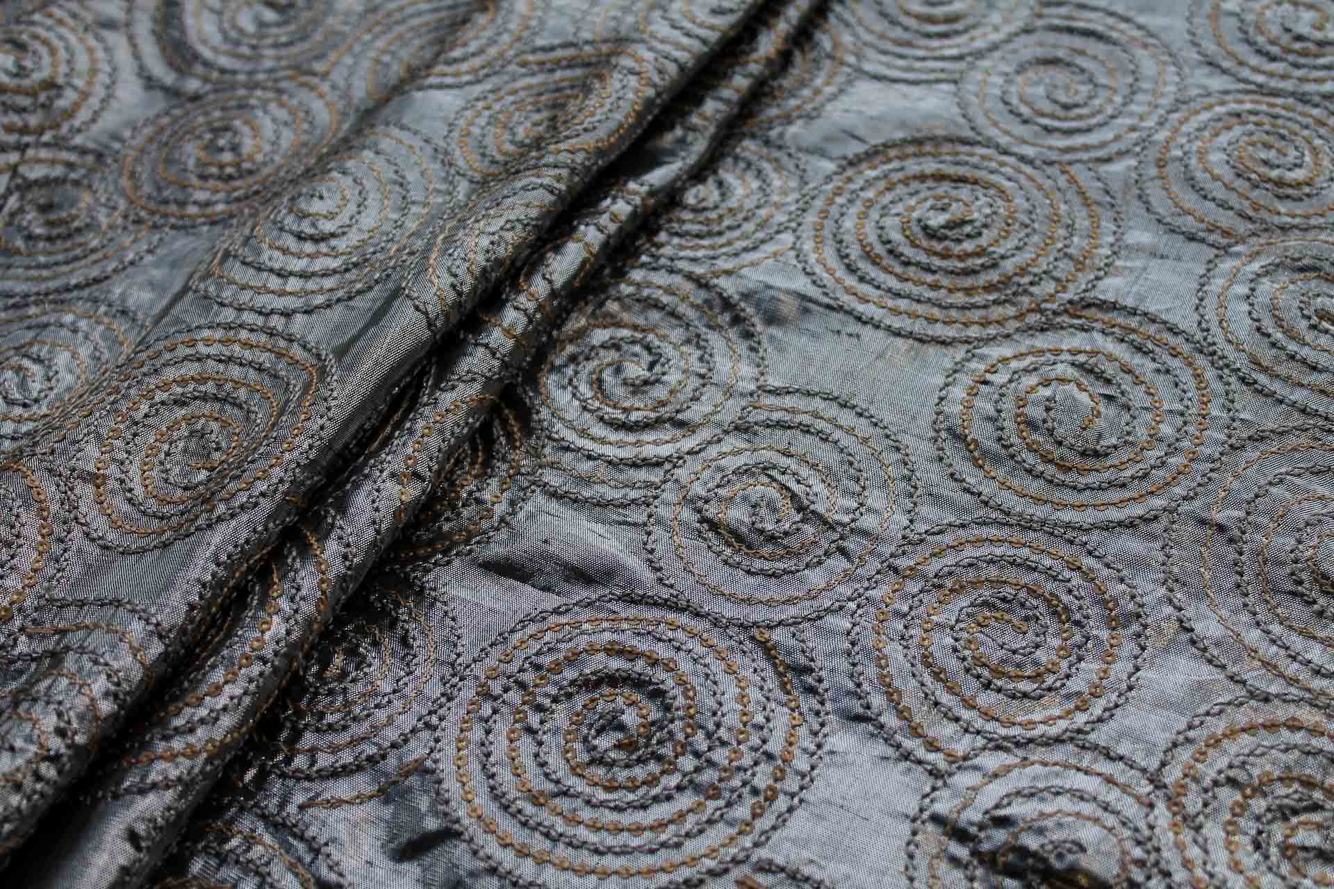 Spiral Embroidery with Sequins on Silver Metallic Dupion fabric