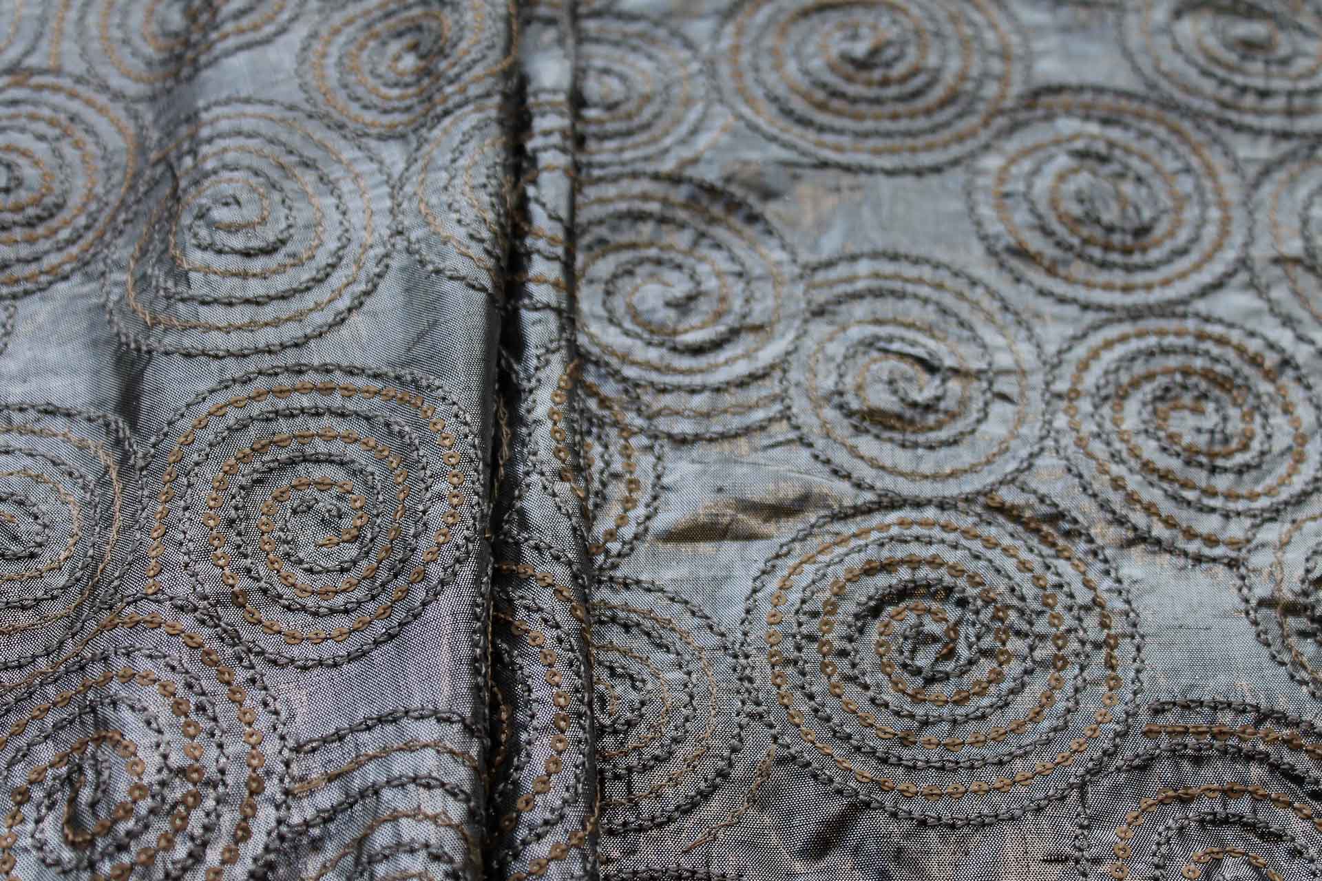Spiral Embroidery with Sequins on Silver Metallic Dupion fabric, image 4 of 7