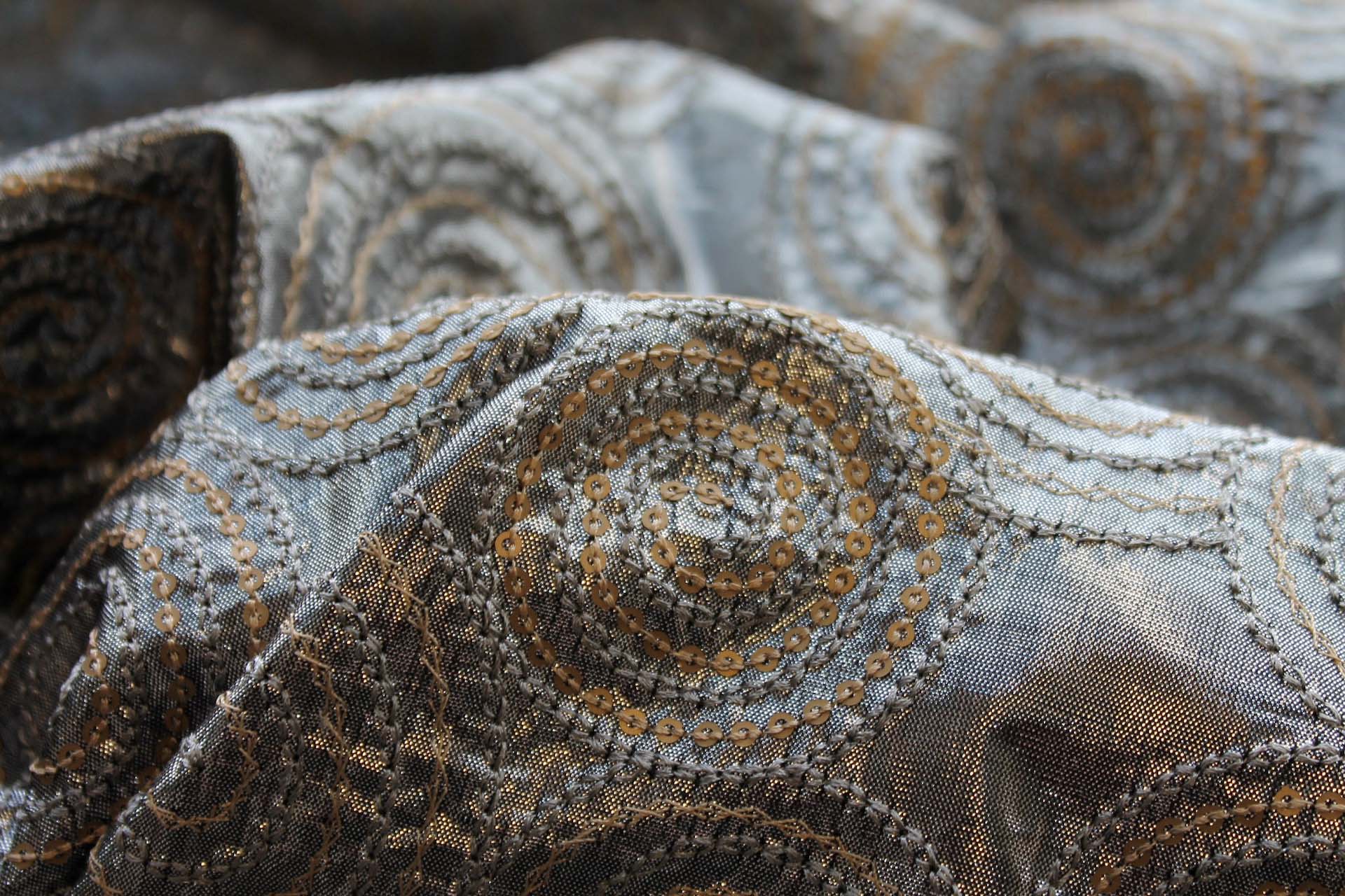 Spiral Embroidery with Sequins on Silver Metallic Dupion fabric, image 5 of 7