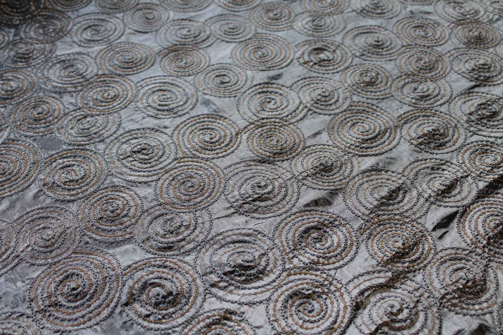 Spiral Embroidery with Sequins on Silver Metallic Dupion fabric, image 6 of 7